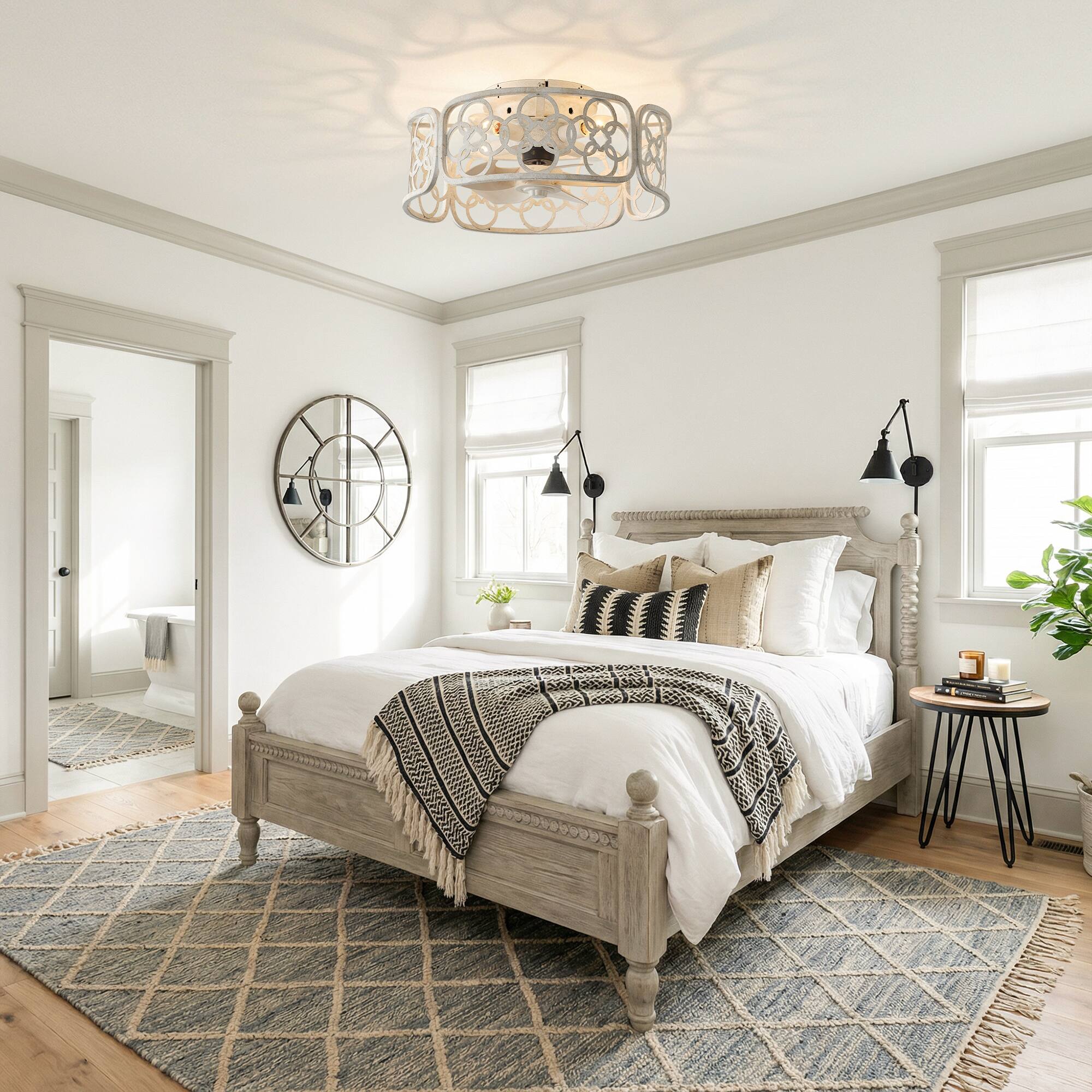 Back. Vaczon - Ceiling Fan with Remote and Light, Iron Flush Mount, Vintage European Design for Living Room & Bedroom - Distressed White.