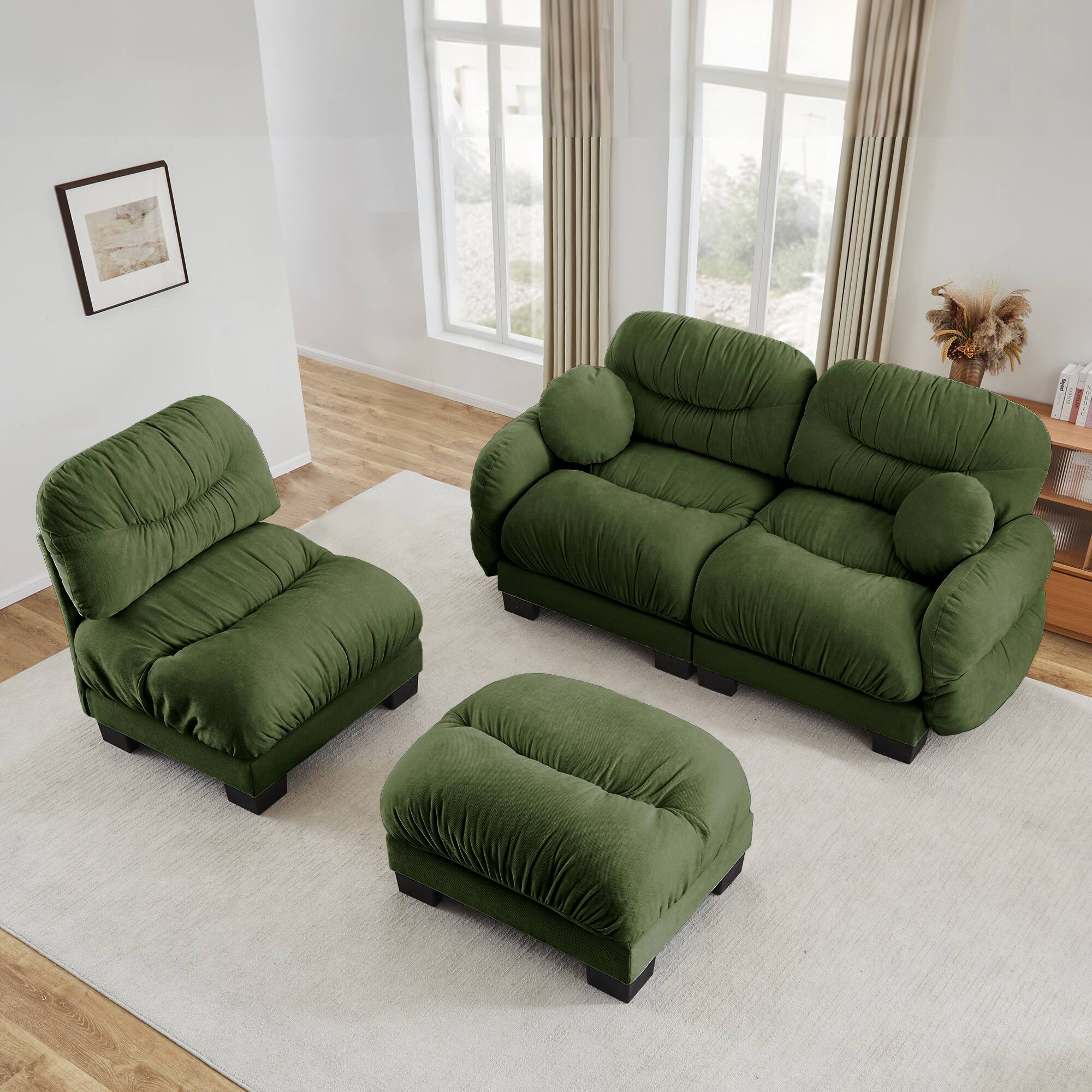 Back. Anysun - 3 Seater L Shape Sectional Couch with Ottoman, Chenille Fabric, High-Density Foam & Curved Armrests for Living Room - Green.