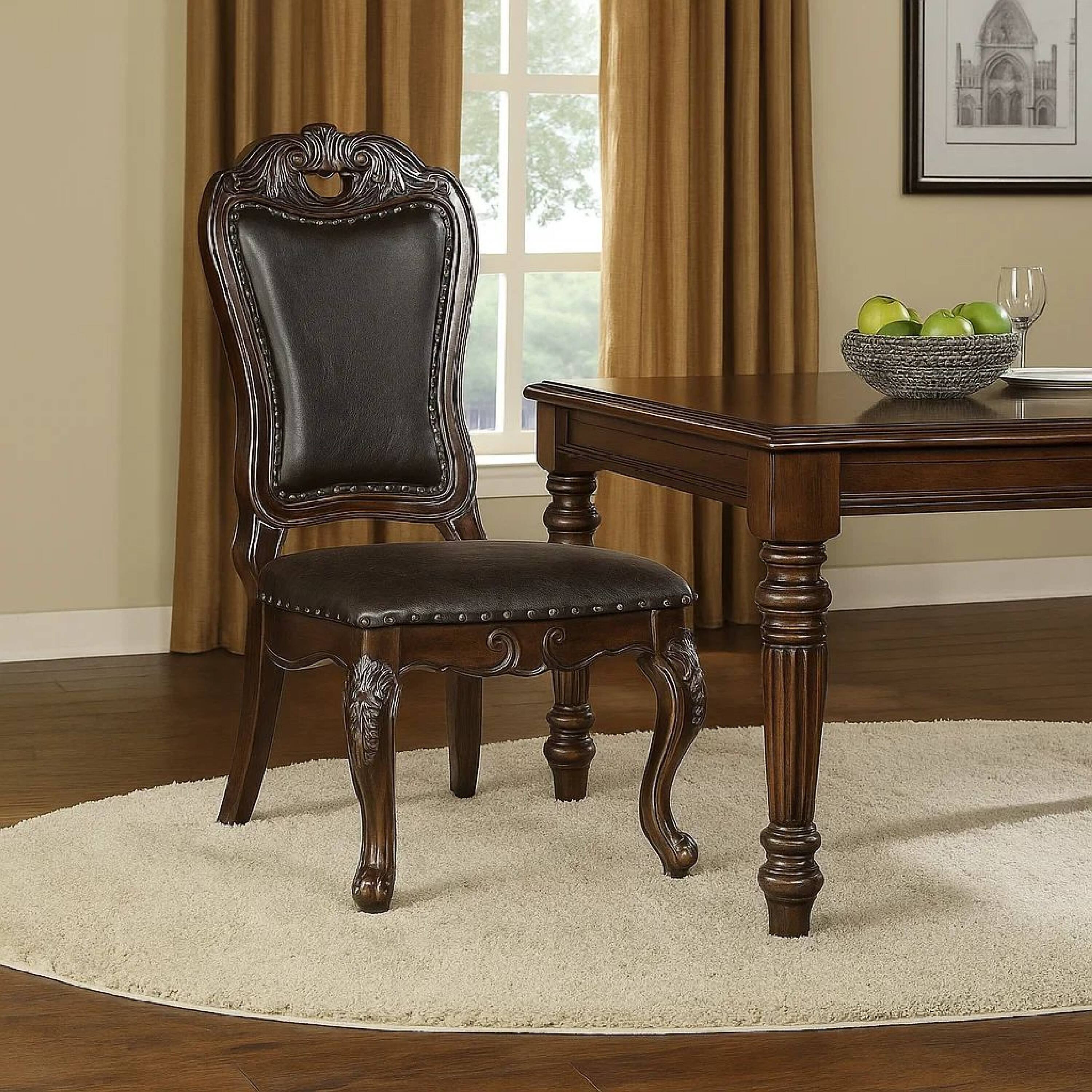 Alt View 6. Manhattan Lane - Ons 23 Inch Carved Dining Chair, Set of 2, Nailhead Trim Brown Faux Leather - Brown.