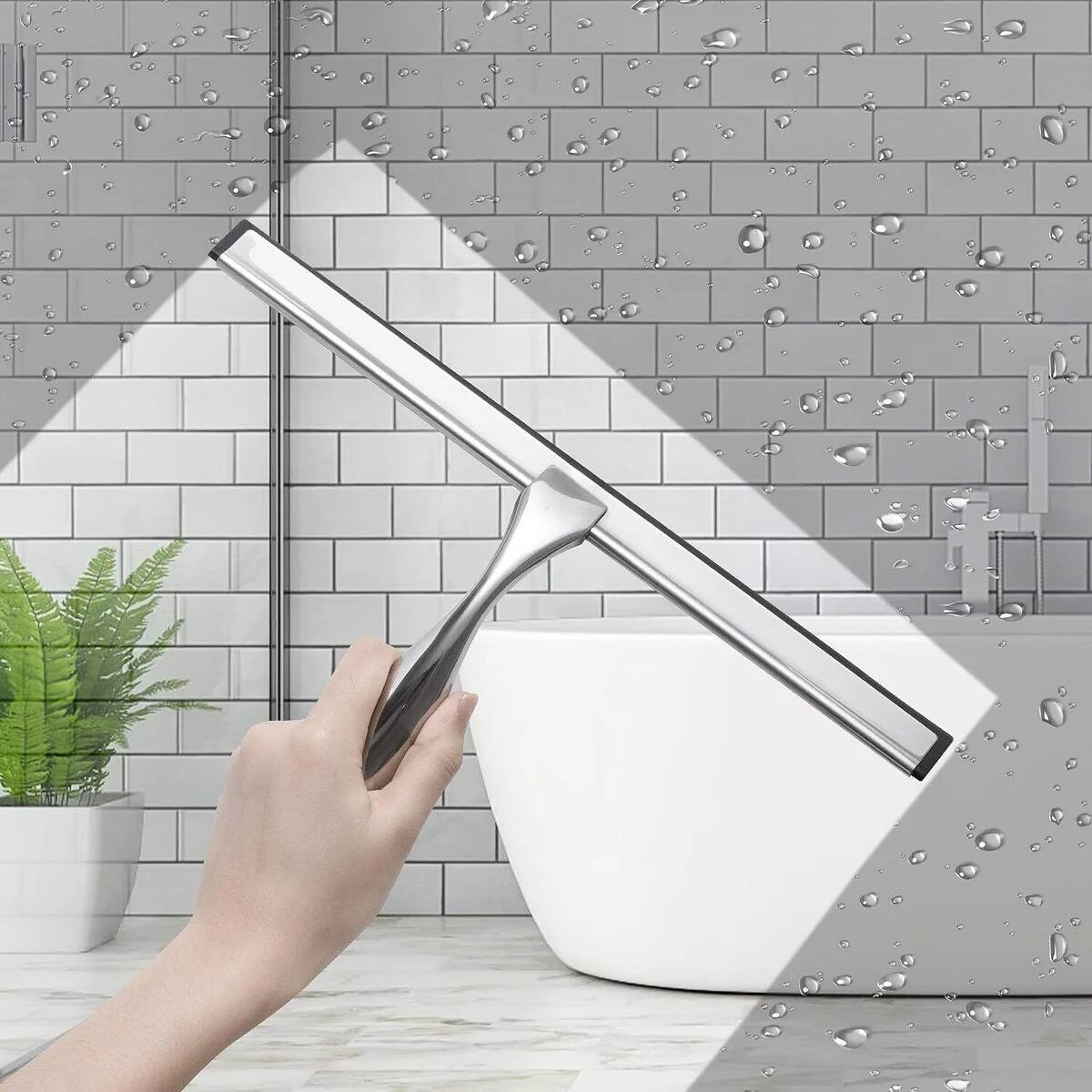 Alt View 1. J&V TEXTILES - 10 Inch Shower Squeegee with 3M Hanger - SILVER.