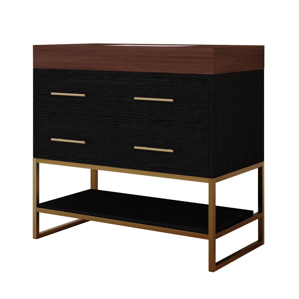 Alt View 4. Loheer - Loheer 36 inch bathroom vanity with sink, Freestanding bathroom sink cabinet, Sintered Stone Top, Black/Walnut - Black, Walnut.
