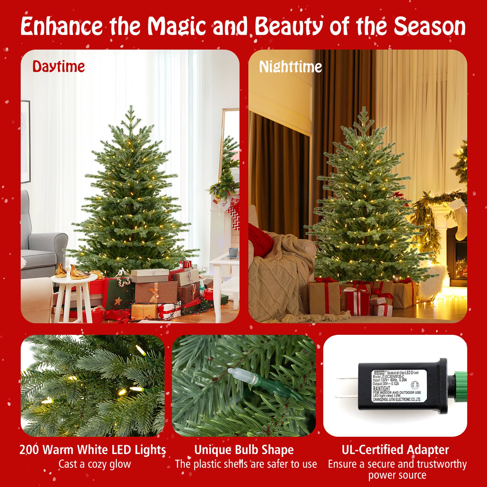 Enhance the Magic and Beauty of the Season

Daytime

Nighttime

200 Warm White LED Lights
Cast a cozy glow

Unique Bulb Shape
The plastic shells are safer to use

UL-Certified Adapter
Ensure a secure and trustworthy power source