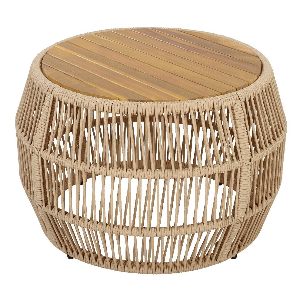 Back. Loheer - Loheer Round Acacia Wood Side Table Rope Frame Teak Finish - Light Beige.