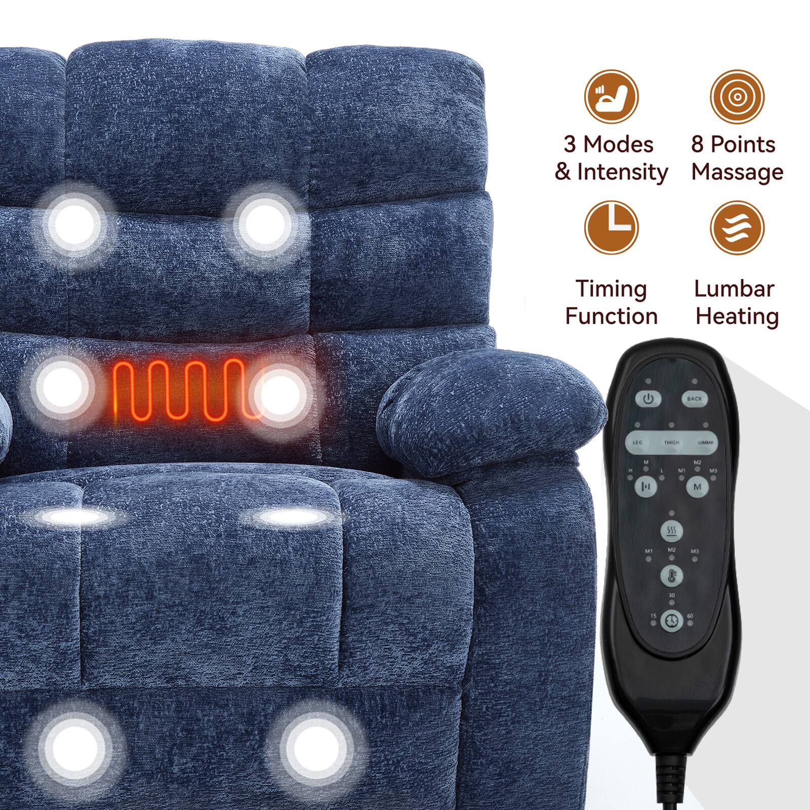3 Modes & Intensity  
8 Points Massage  
Timing Function  
Lumbar Heating
