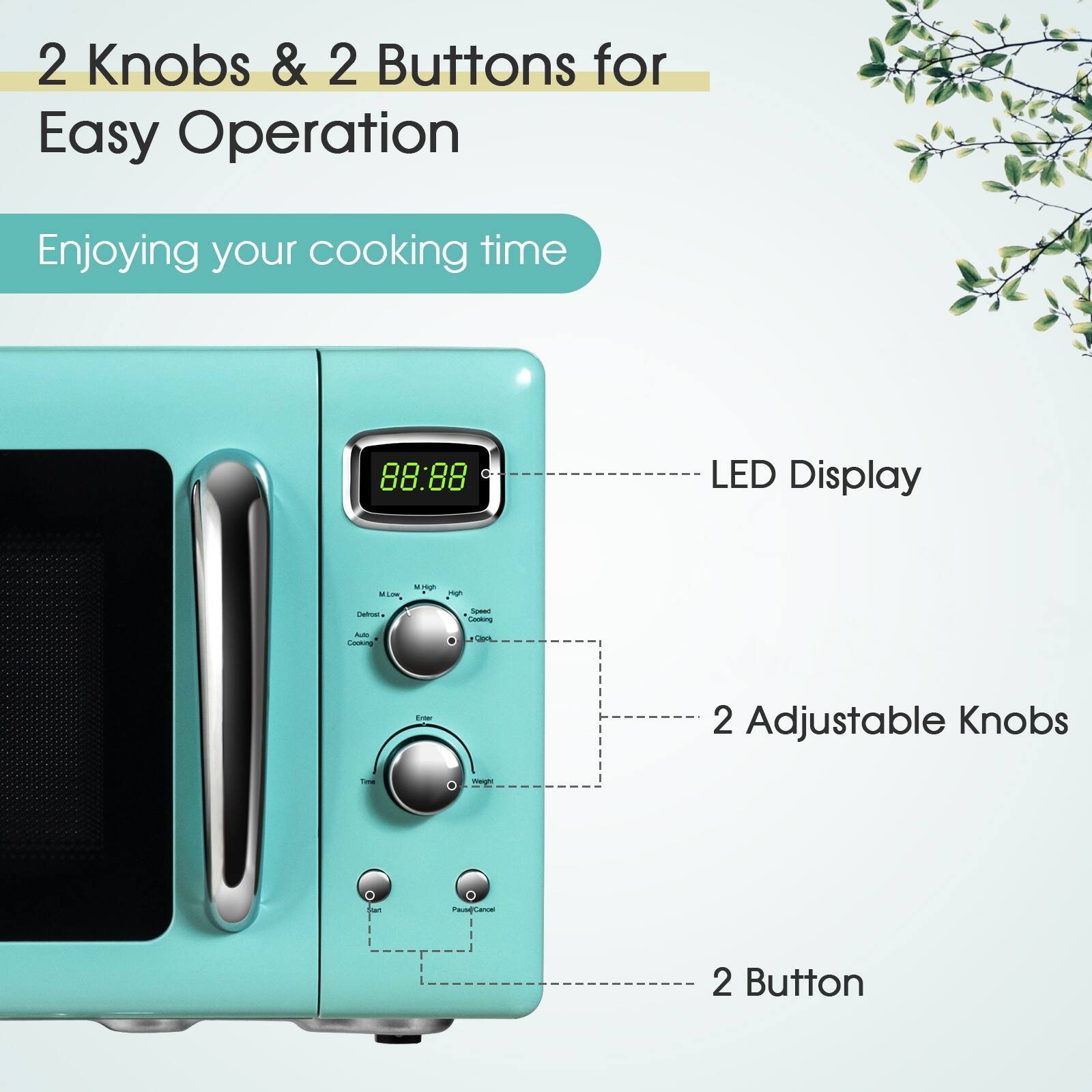 2 Knobs & 2 Buttons for Easy Operation
Enjoying your cooking time
88:88 LED Display
2 Adjustable Knobs
2 Button
