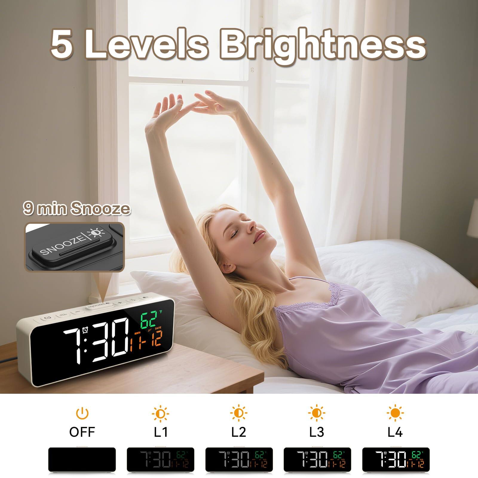 5 Levels Brightness  
9 min Snooze  

OFF  
L1  
L2  
L3  
L4