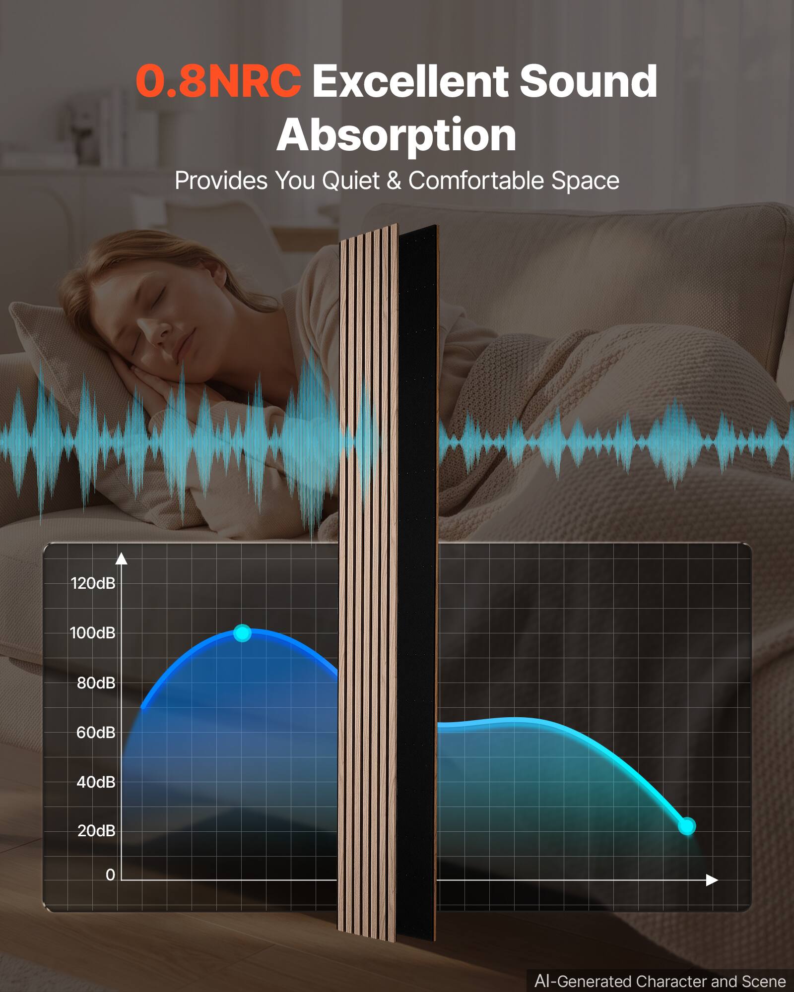 0.8NRC Excellent Sound Absorption  
Provides You Quiet & Comfortable Space

120dB  
100dB  
80dB  
60dB  
40dB  
20dB  
0

AI-Generated Character and Scene