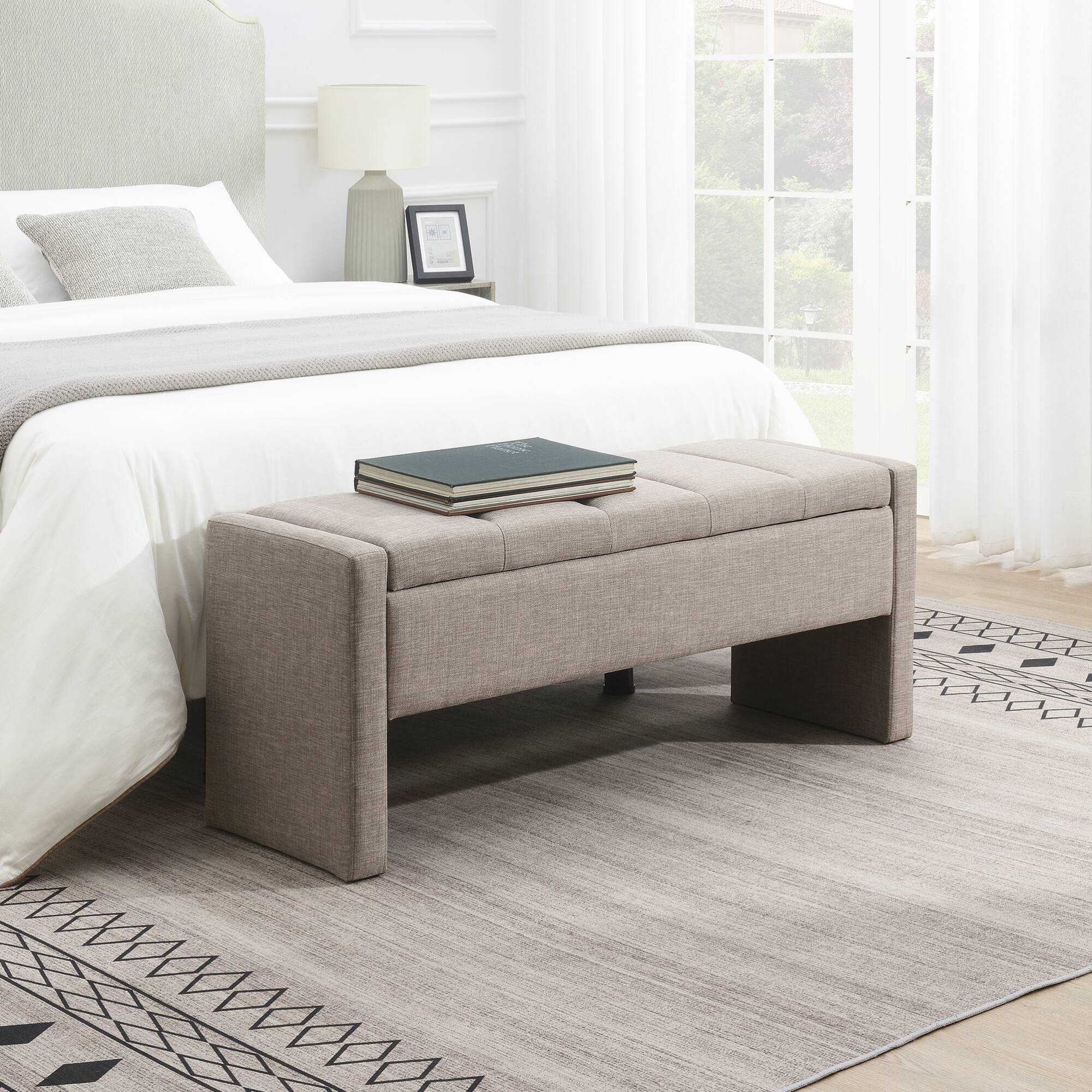 Angle. GOODSILO - Upholstered Storage Bench with Comfortable Linen Fabric, Multi-Functional Footrest Ottoman for Living Spaces - Brown Grey.