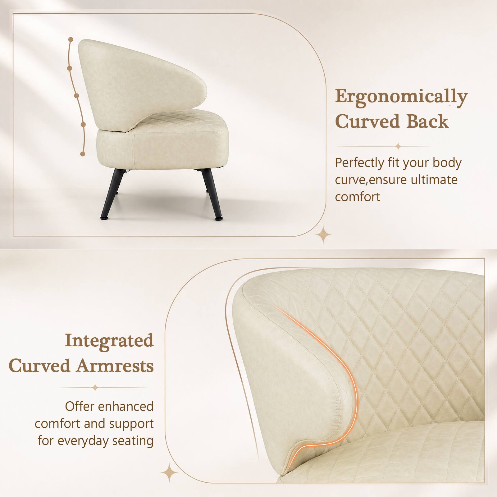 Ergonomically Curved Back  
Perfectly fit your body curve, ensure ultimate comfort  

Integrated Curved Armrests  
Offer enhanced comfort and support for everyday seating