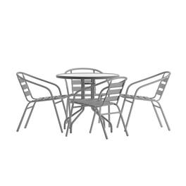 Emma + Oliver - Rhea 31.5'' Round Glass Top Metal Table with 4 Aluminum Slat Stack Chairs - Silver