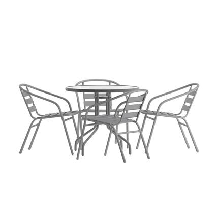 Front. Emma + Oliver - Rhea 31.5'' Round Glass Top Metal Table with 4 Aluminum Slat Stack Chairs - Silver.