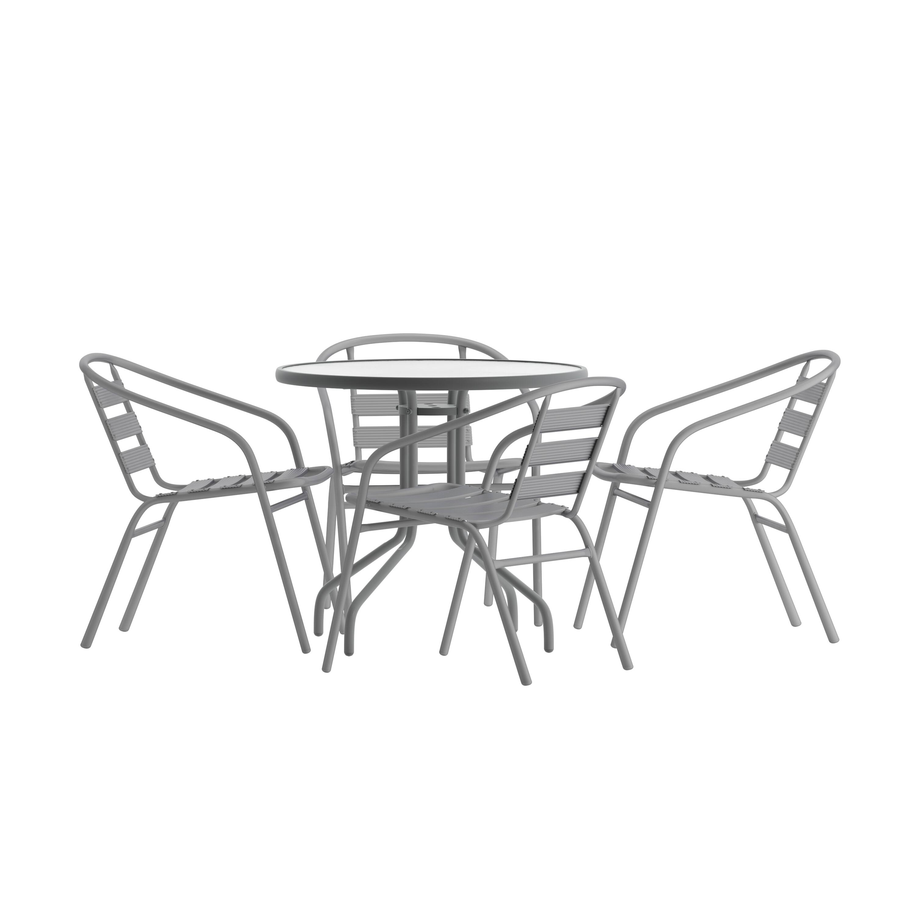 Front. Emma + Oliver - Rhea 31.5'' Round Glass Top Metal Table with 4 Aluminum Slat Stack Chairs - Silver.