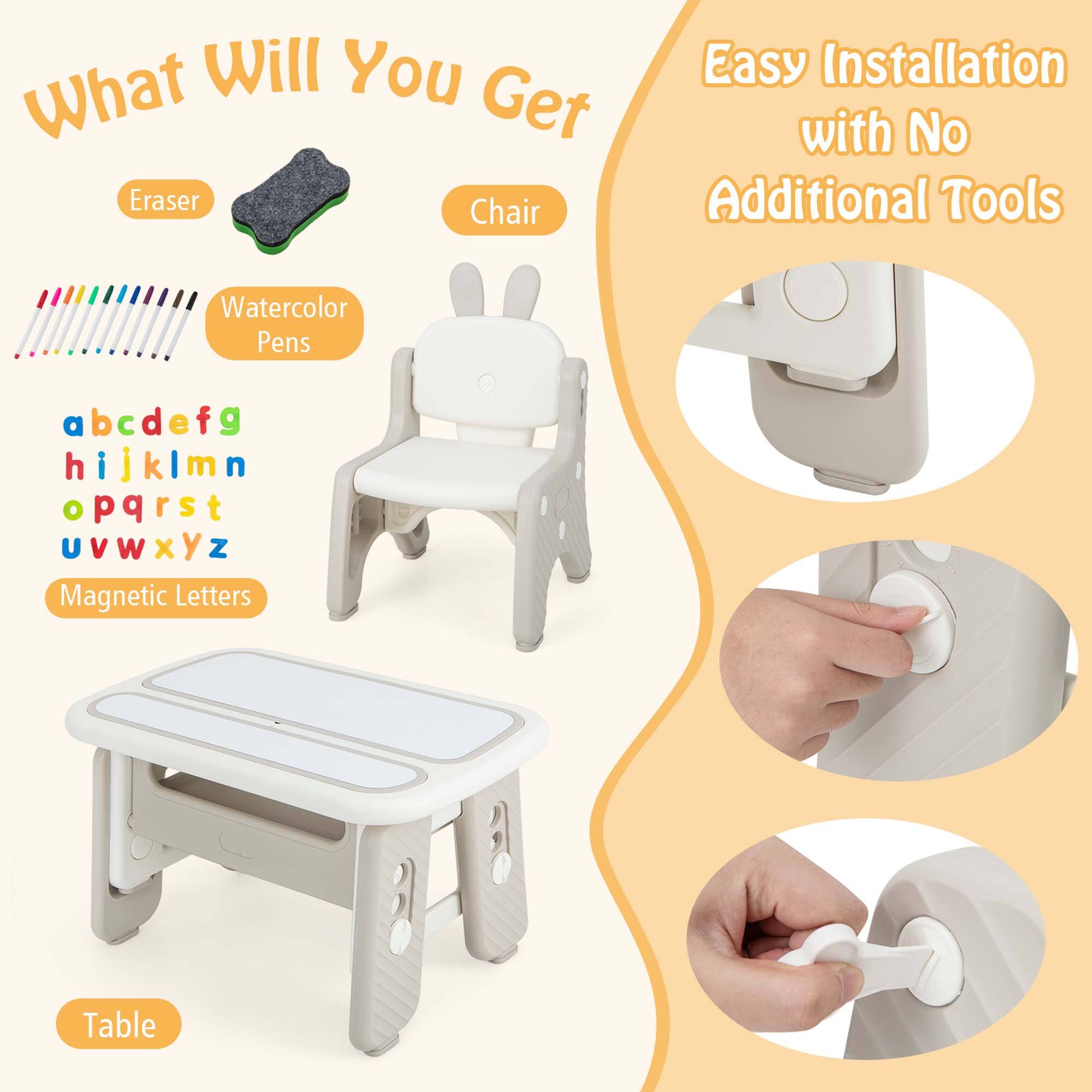 What Will You Get

- Eraser
- Chair
- Watercolor Pens
- Magnetic Letters
- Table

Easy Installation with No Additional Tools