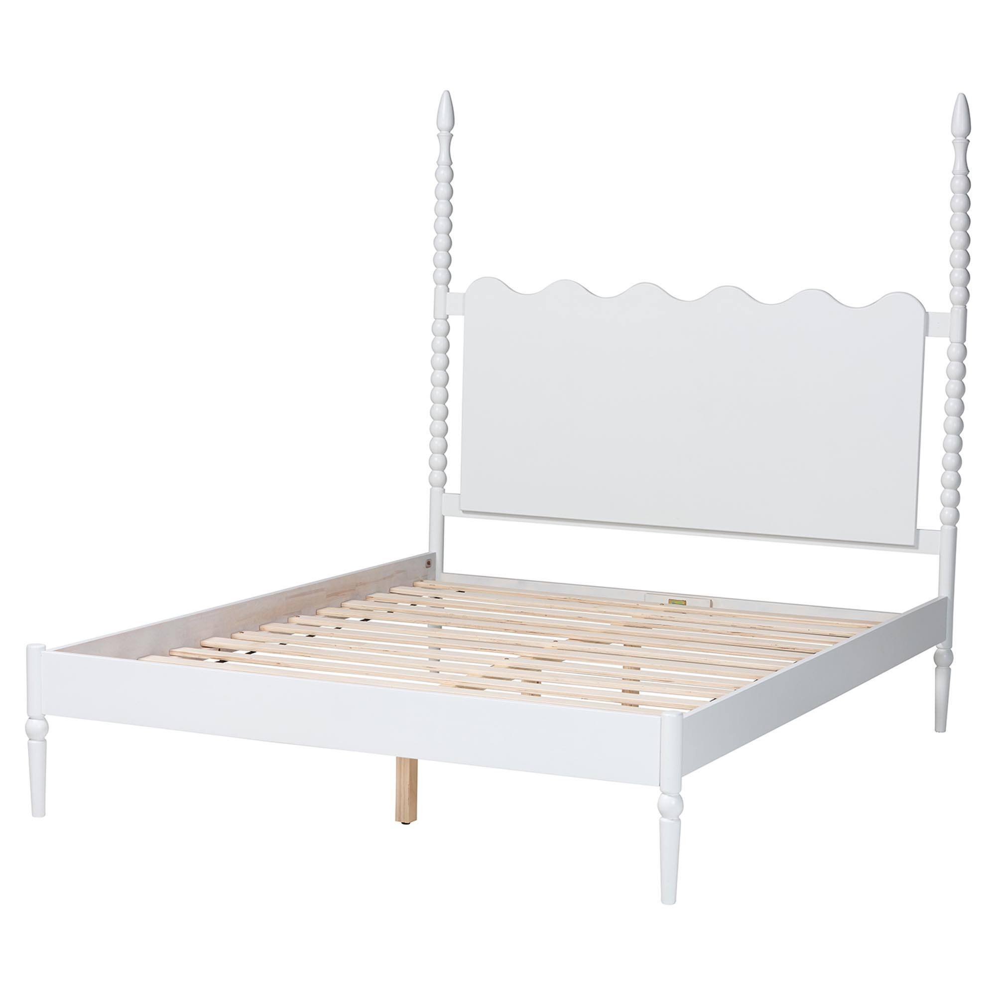 Left. Baxton Studio - Brantley Spindle Platform Bed - Farmhouse Bed Frame with Scalloped Headboard and Turned Posts, Queen - White.