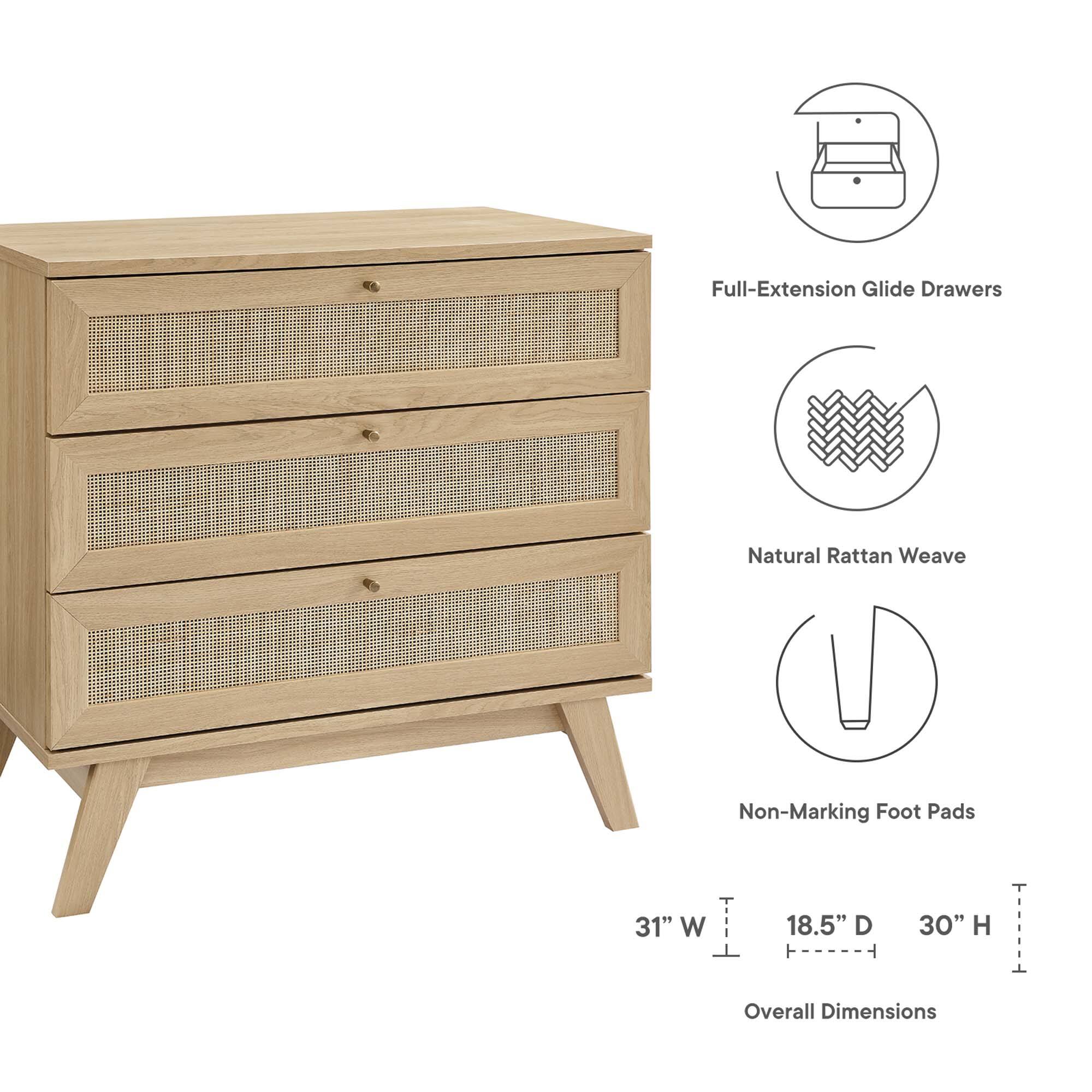 Full-Extension Glide Drawers  
Natural Rattan Weave  
Non-Marking Foot Pads  

Overall Dimensions:  
31" W x 18.5" D x 30" H