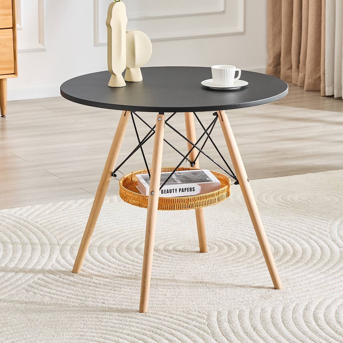 Loheer 31.5 inch Round Dining Table with Black MDF Tabletop and Solid ...