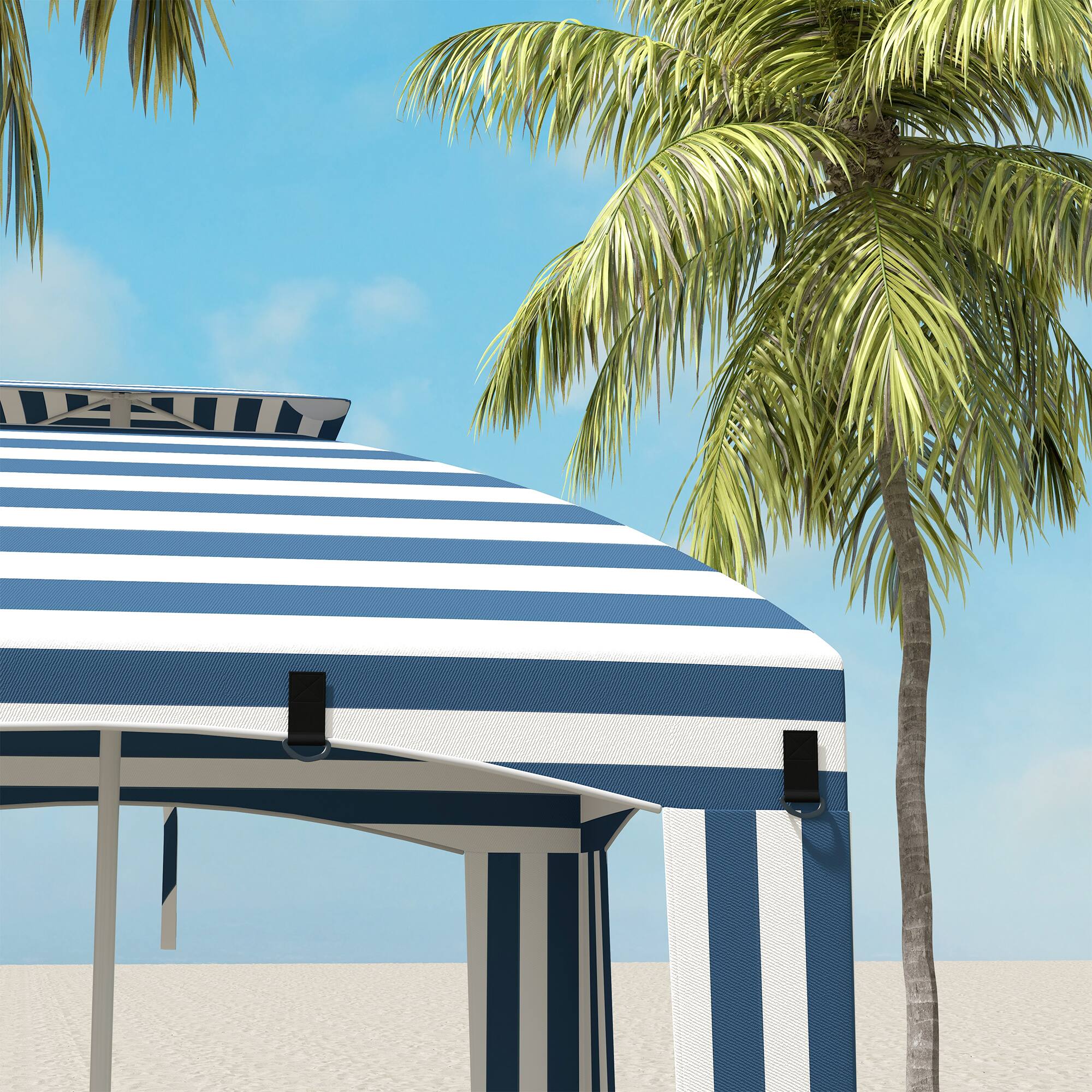 Alt View 5. Outsunny - 5.8' x 5.8' Portable Beach Umbrella with Double-Top, Ruffled Outdoor Cabana with Walls, Vents, Sandbags, Carry Bag - Blue White Strip.