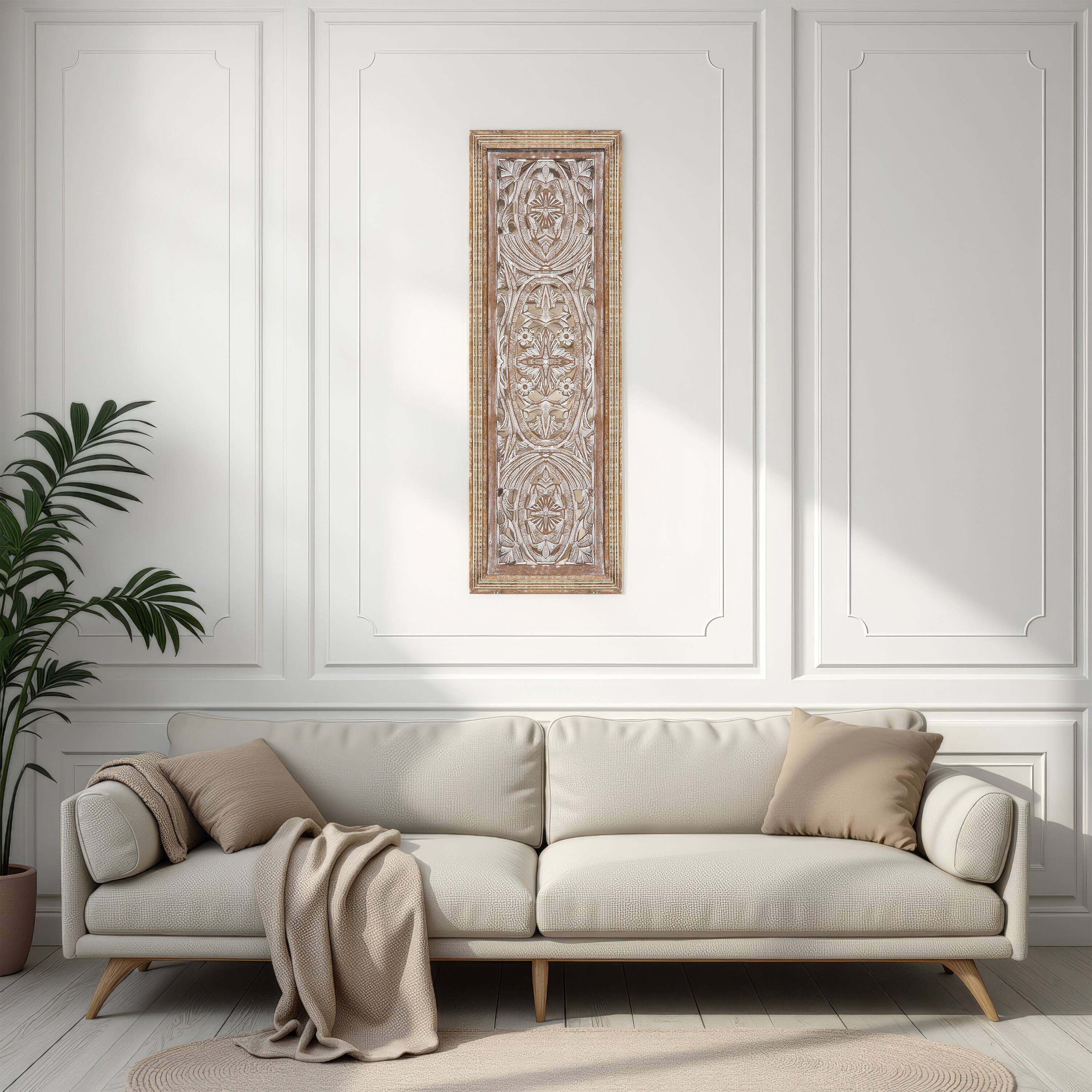 Alt View 7. Manhattan Lane - Rectangular Mango Wood Wall Panel Hand Crafted With Intricate Carving - White and Brown.