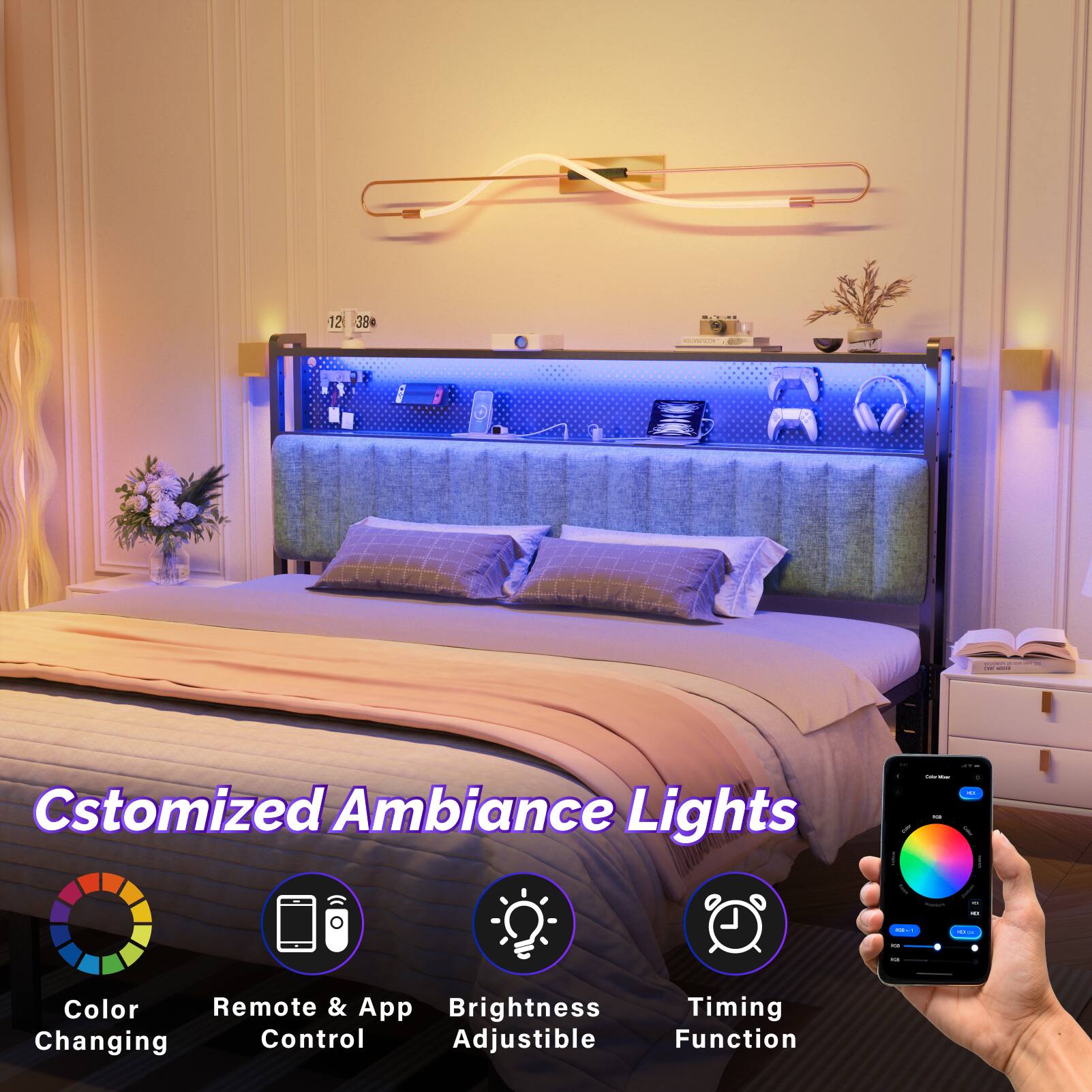 12 384 a : 1 Customized Ambiance Lights  
- Color Changing  
- Remote & App Control  
- Brightness Adjustable  
- Timing Function