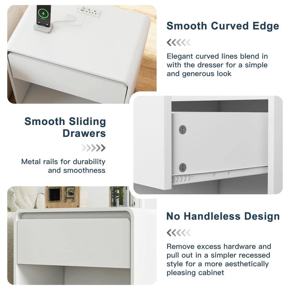Smooth Curved Edge  
Elegant curved lines blend in with the dresser for a simple and generous look  

Smooth Sliding Drawers  
Metal rails for durability and smoothness  

No Handleless Design  
Remove excess hardware and pull out in a simpler recessed style for a more aesthetically pleasing cabinet
