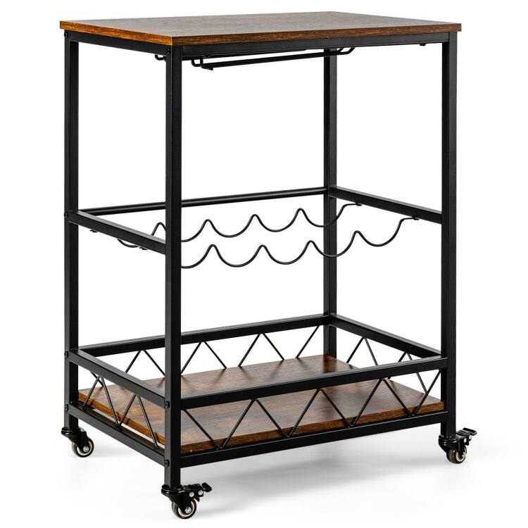 Front. SlickBlue - Serving Trolley with Wine Rack, Glass Holder, and Smooth-Rolling Wheels - Rustic Brown.