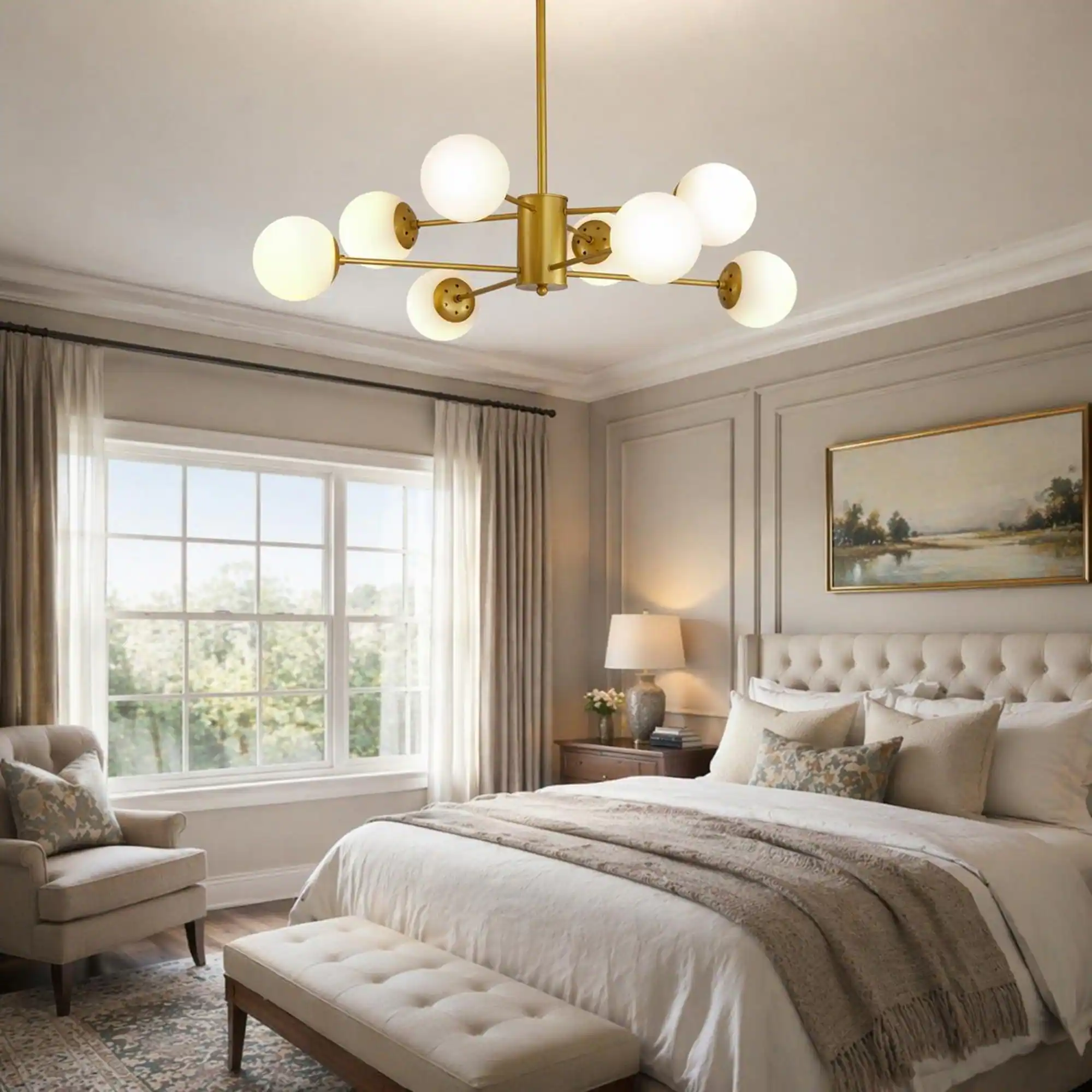 Left. RYHNUYNE - 35 in. Modern 8-Light Gold Chandelier with White Glass Globes Mid-Century Lighting Fixture - Gold.