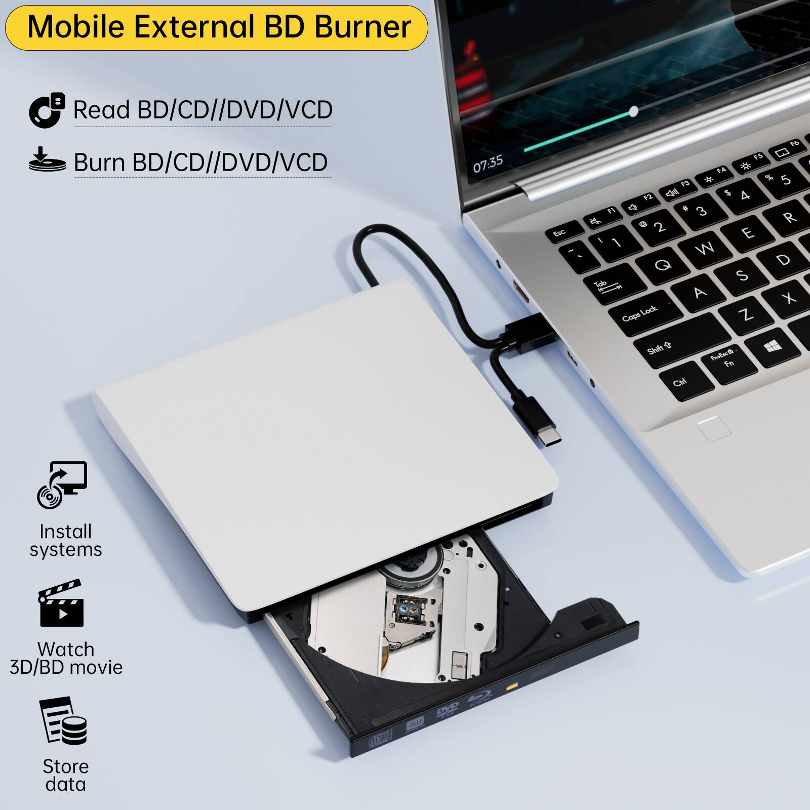 Mobile External BD Burner

- Read BD/CD/DVD/VCD
- Burn BD/CD/DVD/VCD
- Install systems
- Watch 3D/BD movie
- Store data