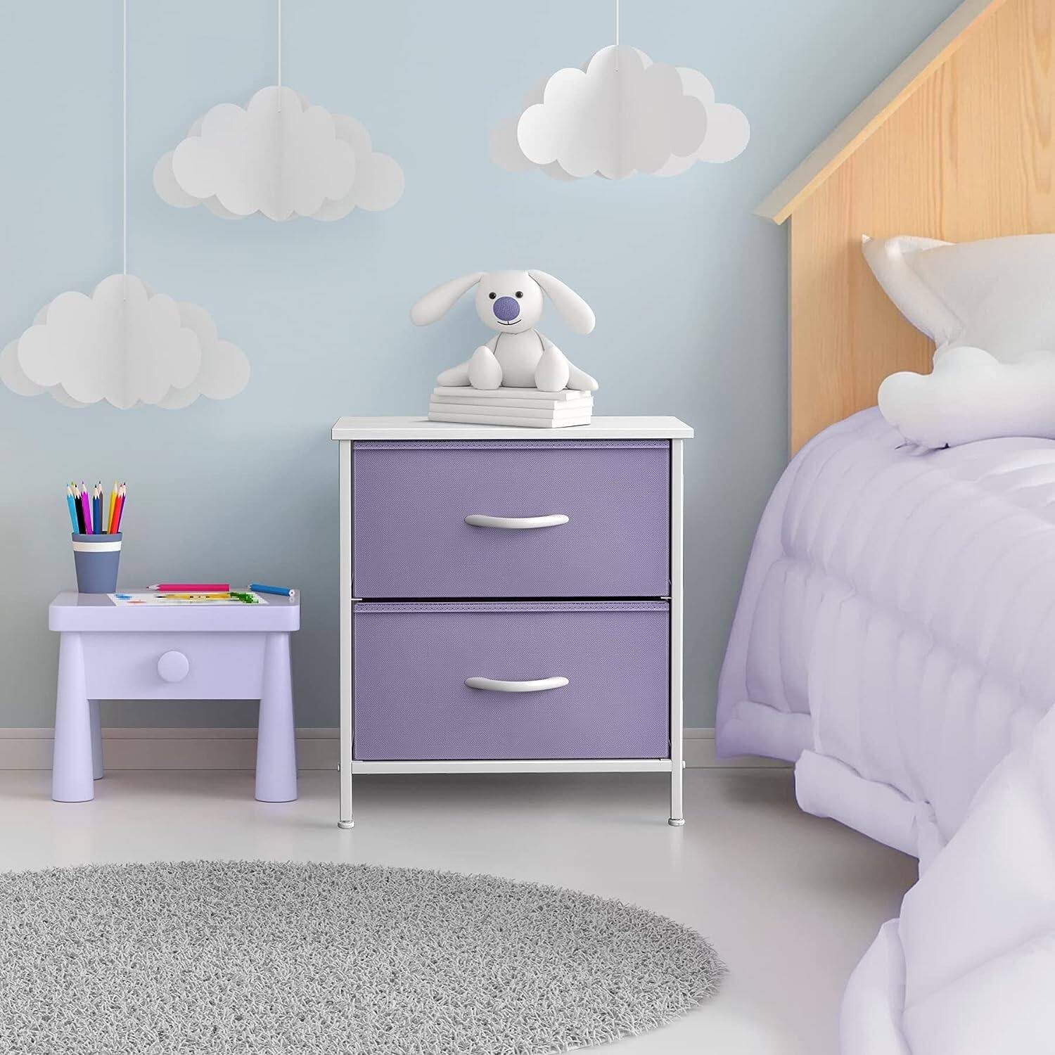 Angle. Sorbus - Sorbus Nightstand with 2 Drawers - Steel Frame, Wood Top &Fabric Bins -Home, Bedroom, Office &College Dorm, Kids Bedside - Purple.