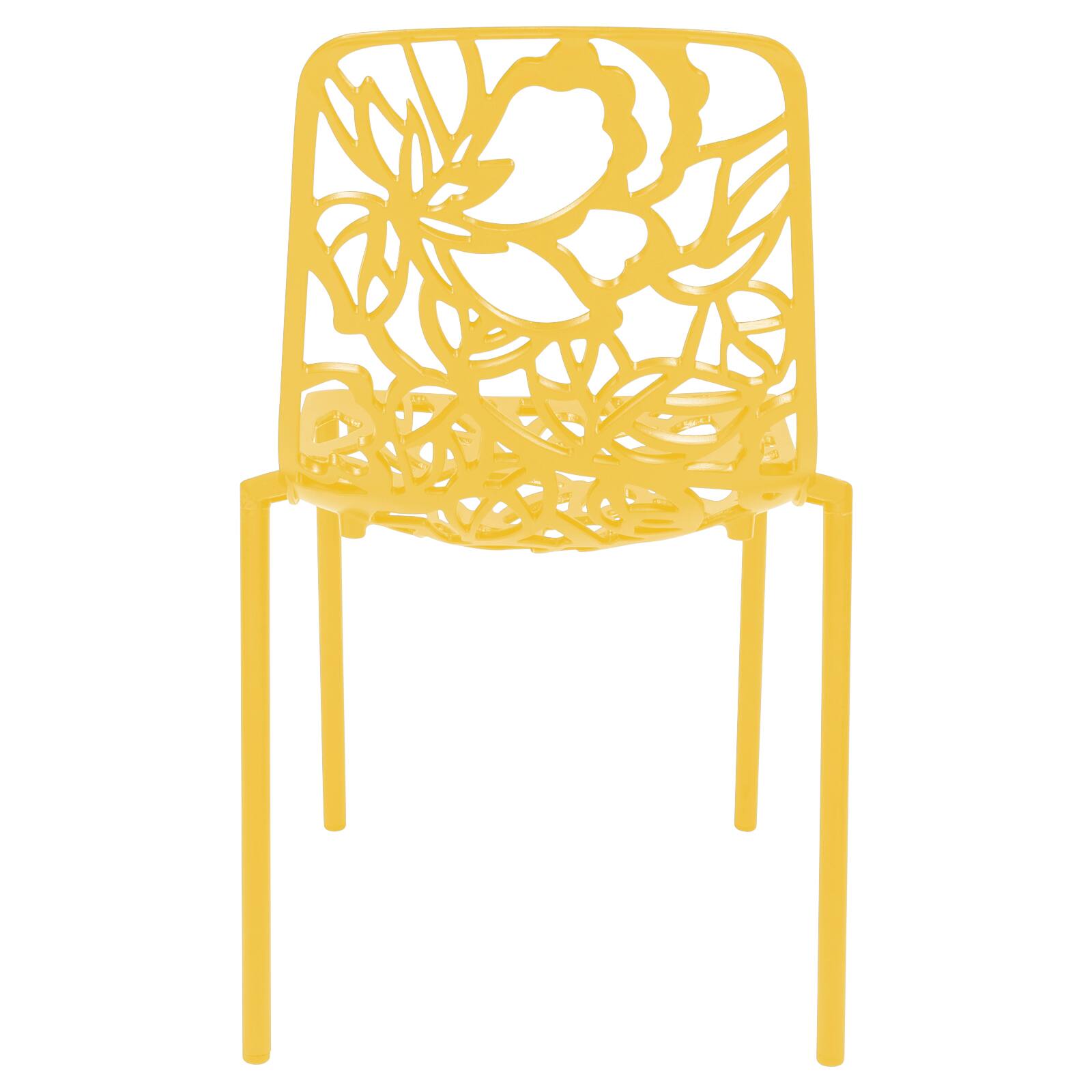 Alt View 6. LeisureMod - Devon Stackable Aluminum Dining Chair, Modern Floral Cutout Indoor/Outdoor Patio Chair - Fully Assembled - Yellow.