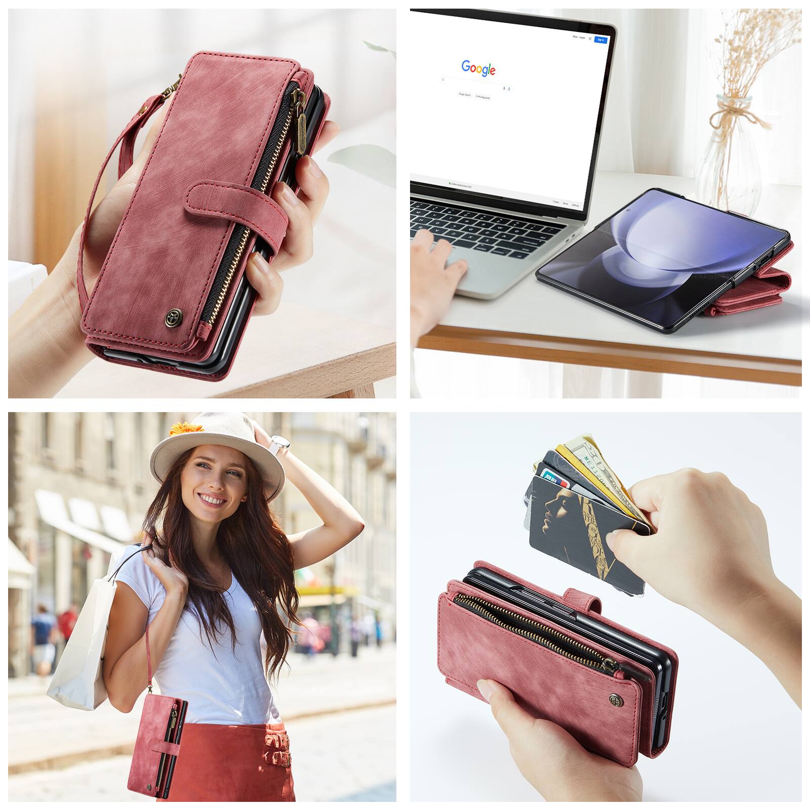 Left. Dteck - For Samsung Galaxy Z Fold6 Premium Leather Shockproof Purse Case with Credit Card Slots Zipper Pocket Cover + Wriststrap - Red.
