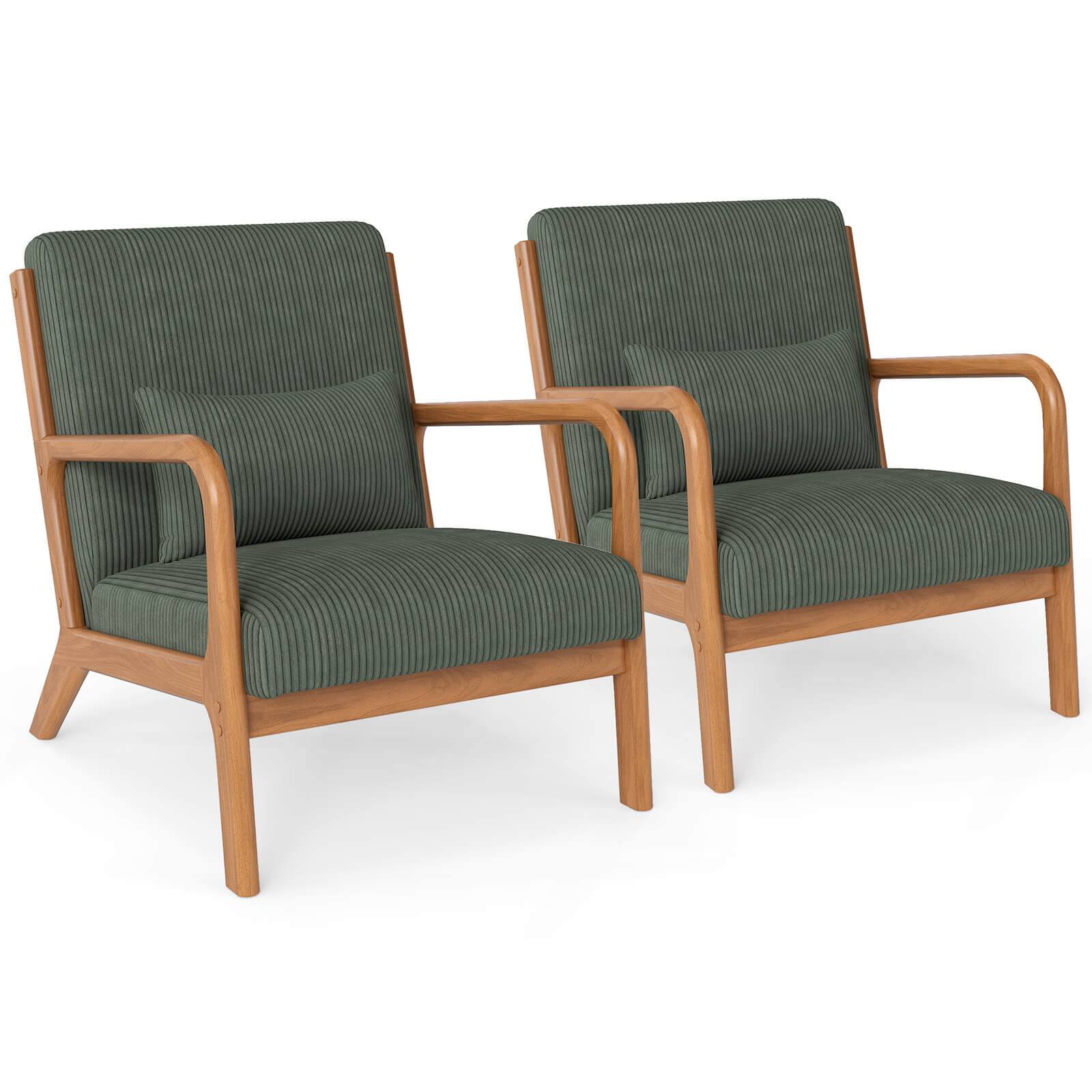 Costway - 2 PCS Corduroy Upholstered Lounge Chair with Rubber Wood Armrests & Lumbar Pillow - Beige + Brown