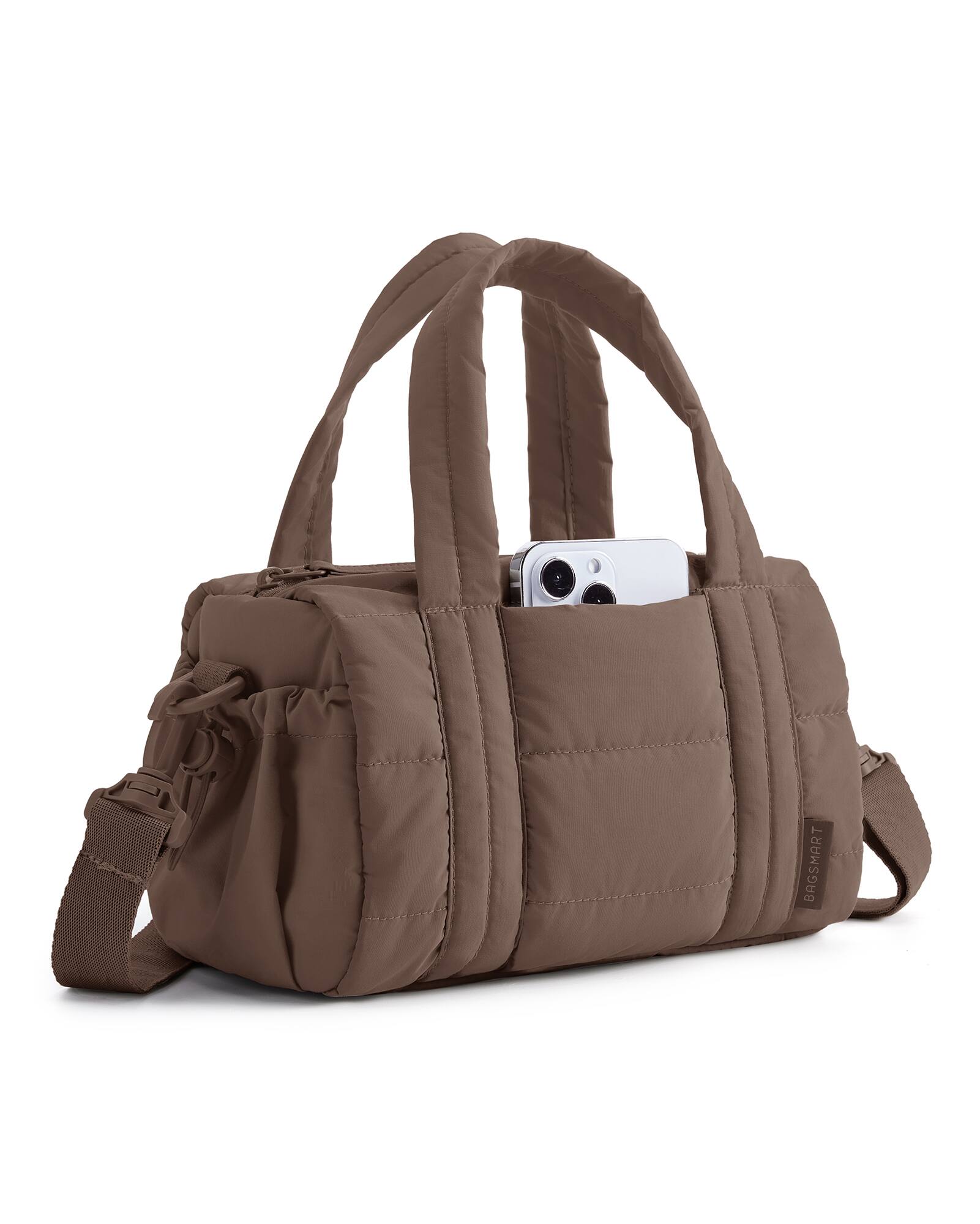 Front. Bagsmart - Mini Quilted Crossbody Gym Bag, Lightweight Small Duffle Purse with Detachable Shoulder Strap for Women - Brown.