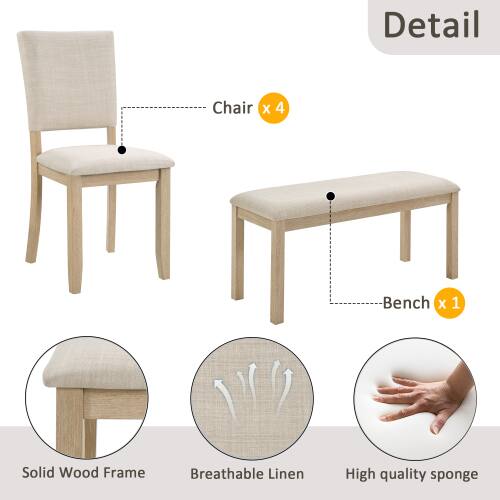 Detail  
Chair X 4  
Bench X 1  
Solid Wood Frame  
Breathable Linen  
High quality sponge