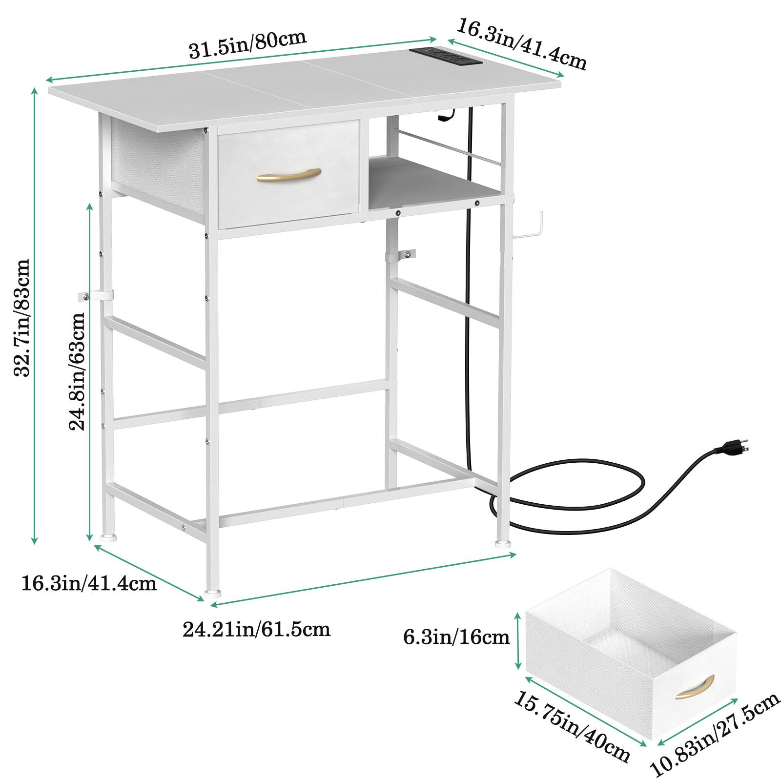 31.5in/80cm  
16.3in/41.4cm  
32.7in/83cm  
24.8in/63cm  
16.3in/41.4cm  
24.21in/61.5cm  
6.3in/16cm  
15.75in/40cm  
10.83in/27.5cm