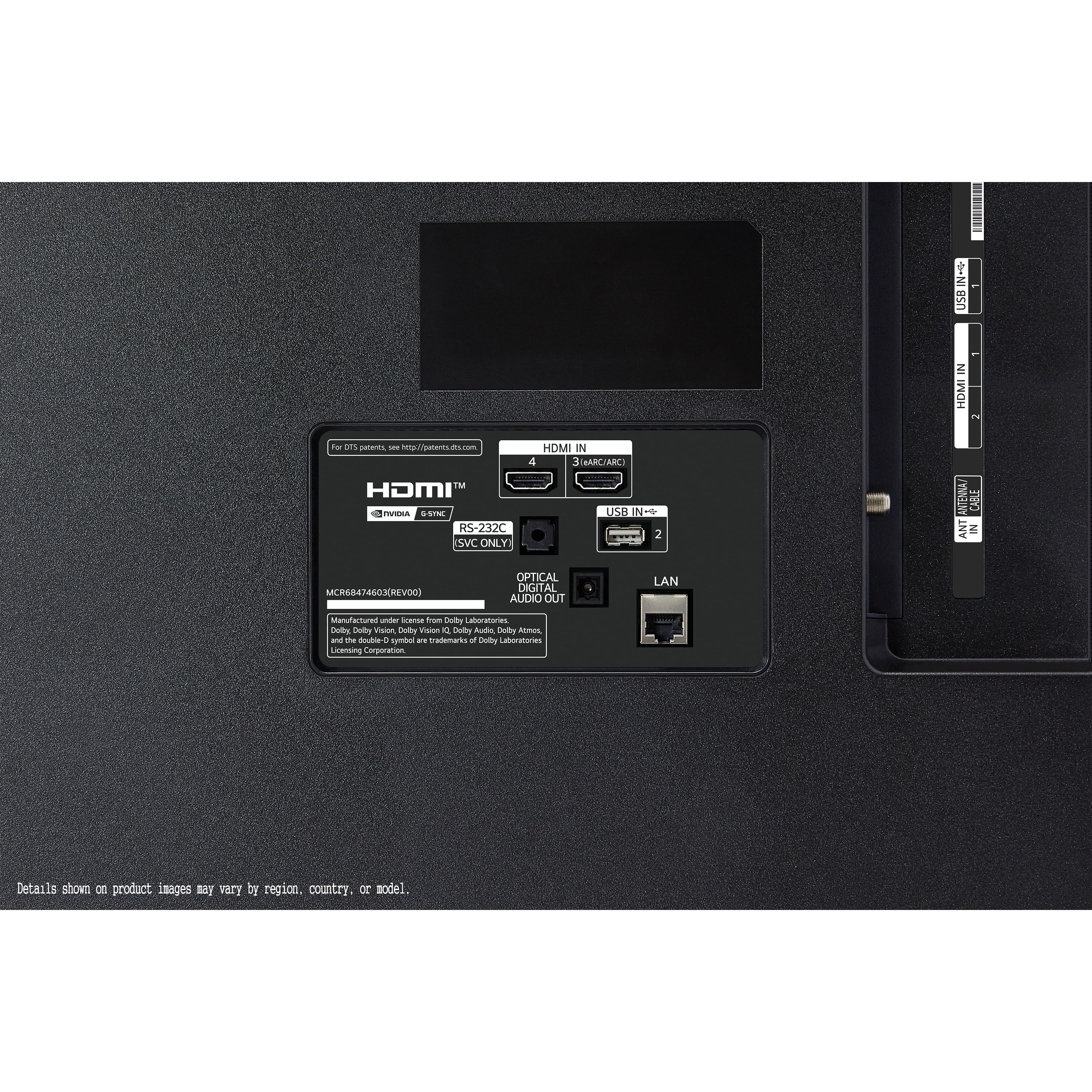 The text on the image reads: "HDMI AVR IN 4 3 ARCARL USB IN m 2 WMAEINY CAALE INV IN MA/450REVI OPTICAL DIGITAL AUDIO OUT LAN wcfaoras d Scansa from Lety Latoratorias Say Conttry Visin Cado V Dolle Audic Doby Aamars and The Sds . symbol - marmarts of Duley Laboratories icansing Corporation Details shown on product Inages say vary by region. country. or model."