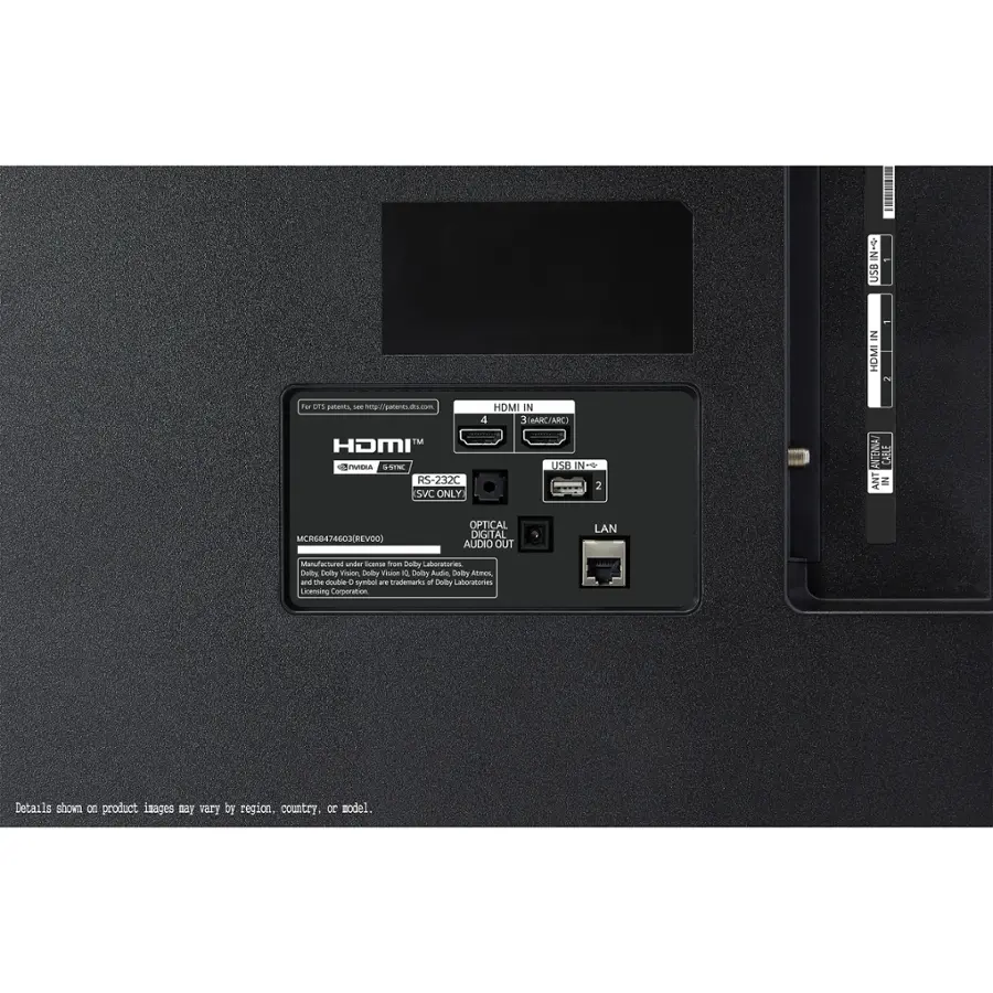 The text on the image reads: "HDMI AVR IN 4 3 ARCARL USB IN m 2 WMAEINY CAALE INV IN MA/450REVI OPTICAL DIGITAL AUDIO OUT LAN wcfaoras d Scansa from Lety Latoratorias Say Conttry Visin Cado V  Dolle Audic Doby Aamars and The Sds . symbol - marmarts of Duley Laboratories icansing Corporation Details shown on product Inages say vary by region. country. or model."