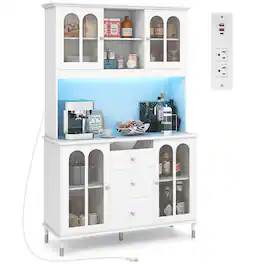 Gymax - 73'' Tall Kitchen Pantry Storage Cabinet w/ LED Lights and Power Outlets - White