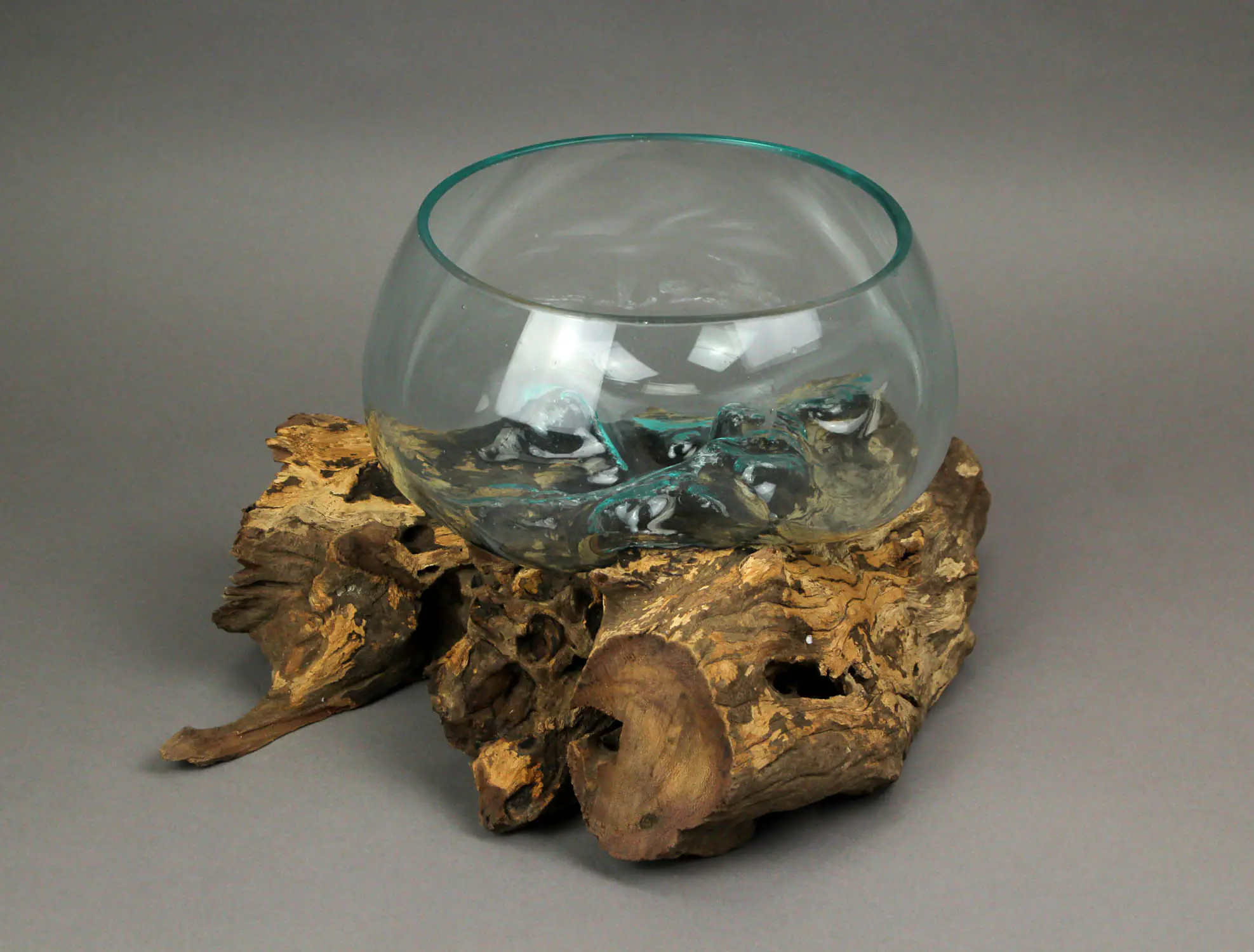 Alt View 2. Things2Die4 - Melted Glass Bowl on Teak Driftwood Base, 8–9" Terrarium Centerpiece Decor - Brown.