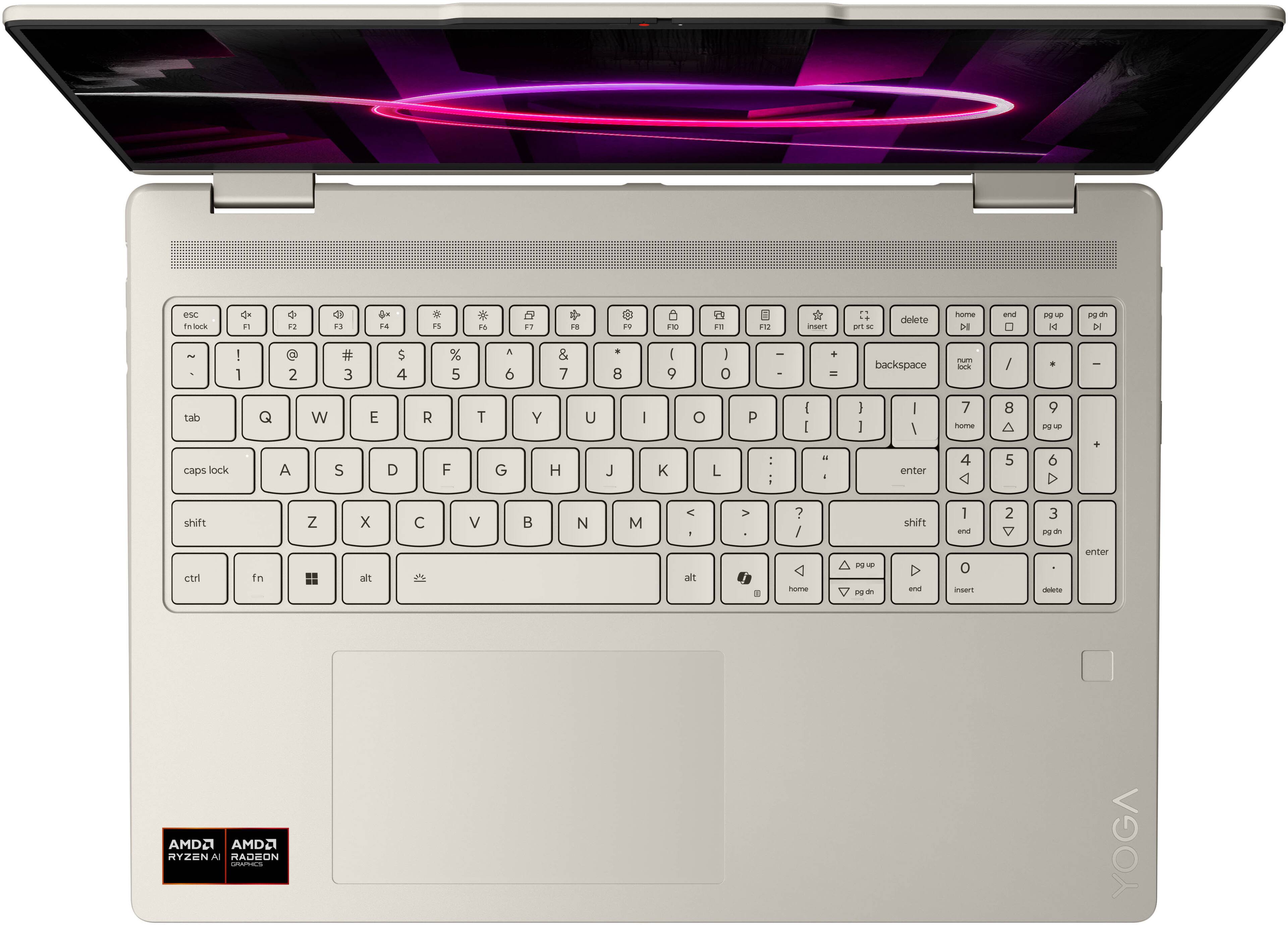 ONC to lock

F1
F2
F3
F4
F5
F6
F7
F8
F9
F10
F11
F12
insert
delete
home
end
pg up
pg dn
lesesa
backspace
tab caps lock
Q
W
E
R
T
Y
U
I
O
P
A
S
D
F
G
H
J
K
L
Z
X
C
V
B
N
M
shift
ctrl
fn
alt
alt
name
AMDA RYZEN AI RADEON SWORS
YOGA