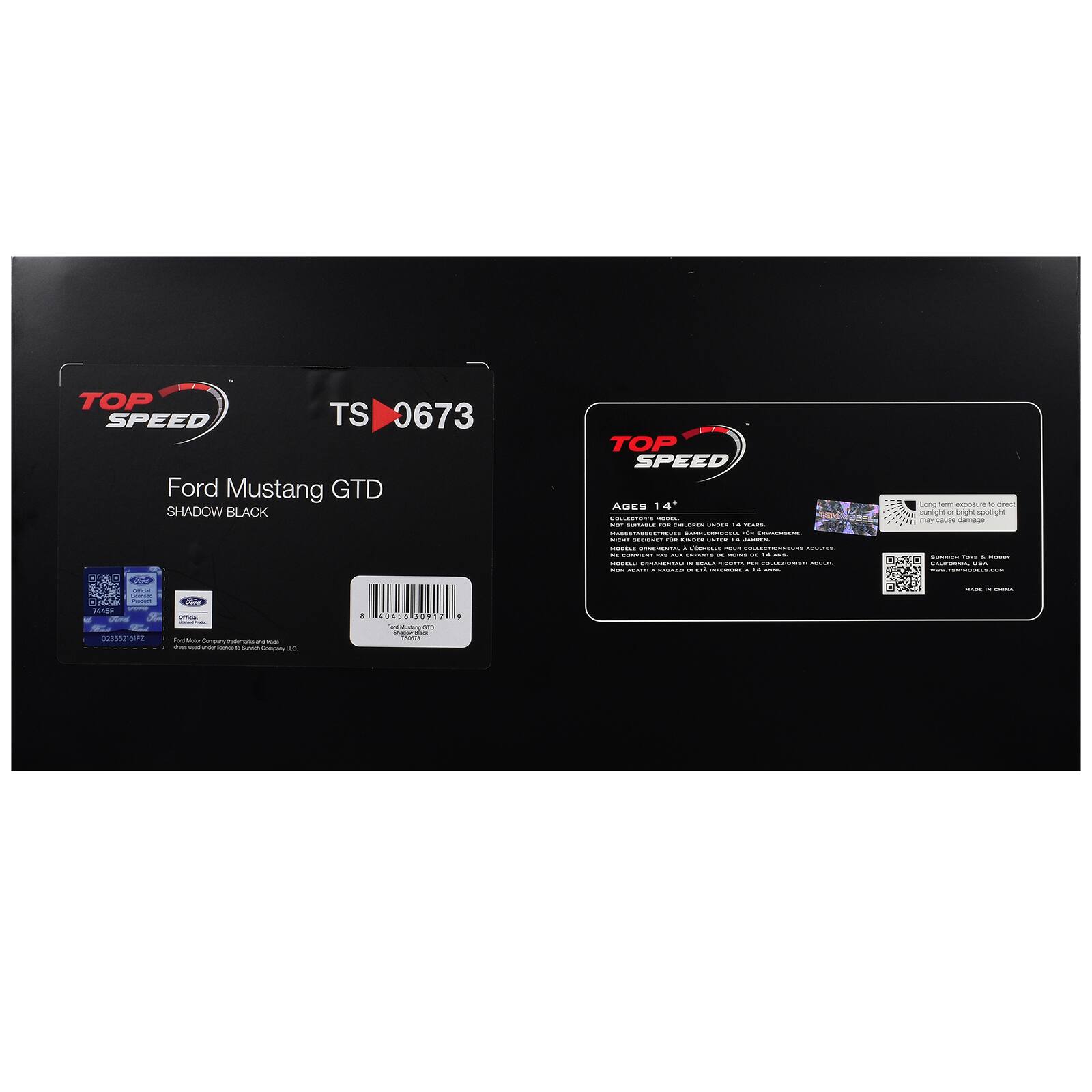 TOP SPEED TS 0673 Ford Mustang GTD SHADOW BLACK

TOP SPEED AGES 14+ COLLECTOR'S MOODL Non NUIITIABLE FUIR SPYLUTION - 14 TUME MANSPORTIFIATURES LAMPLEMENTA rix COMMENTEENS. Naturate SUGART NOT LAVER wer Fat CENTER MODDLE SAVE - LECHELLE YOUR COLLECTIONNEURS BANS M SOLVIEW not AGE ENTANTS H - us 14 ANS. MODELLI DIPLUMENTION N REALA RIDGITAL ms COMMENTS AWWAYS Are MONETS . SOLADAR - 110 SPEED . 14 "VATER

Long am exposum c dred sunight or bright spotight may cause damage SANDA Tars i MUSER CALTURANIA, USA www.ngerages.com

- CUSMIER Posium 7445F Ford 023552672

Official Too Milk Congary Todorums and Tub this - my Koreal Sunich Conyary

0456 50917 Find Malang at from san 11000

MARN - CHICKIN