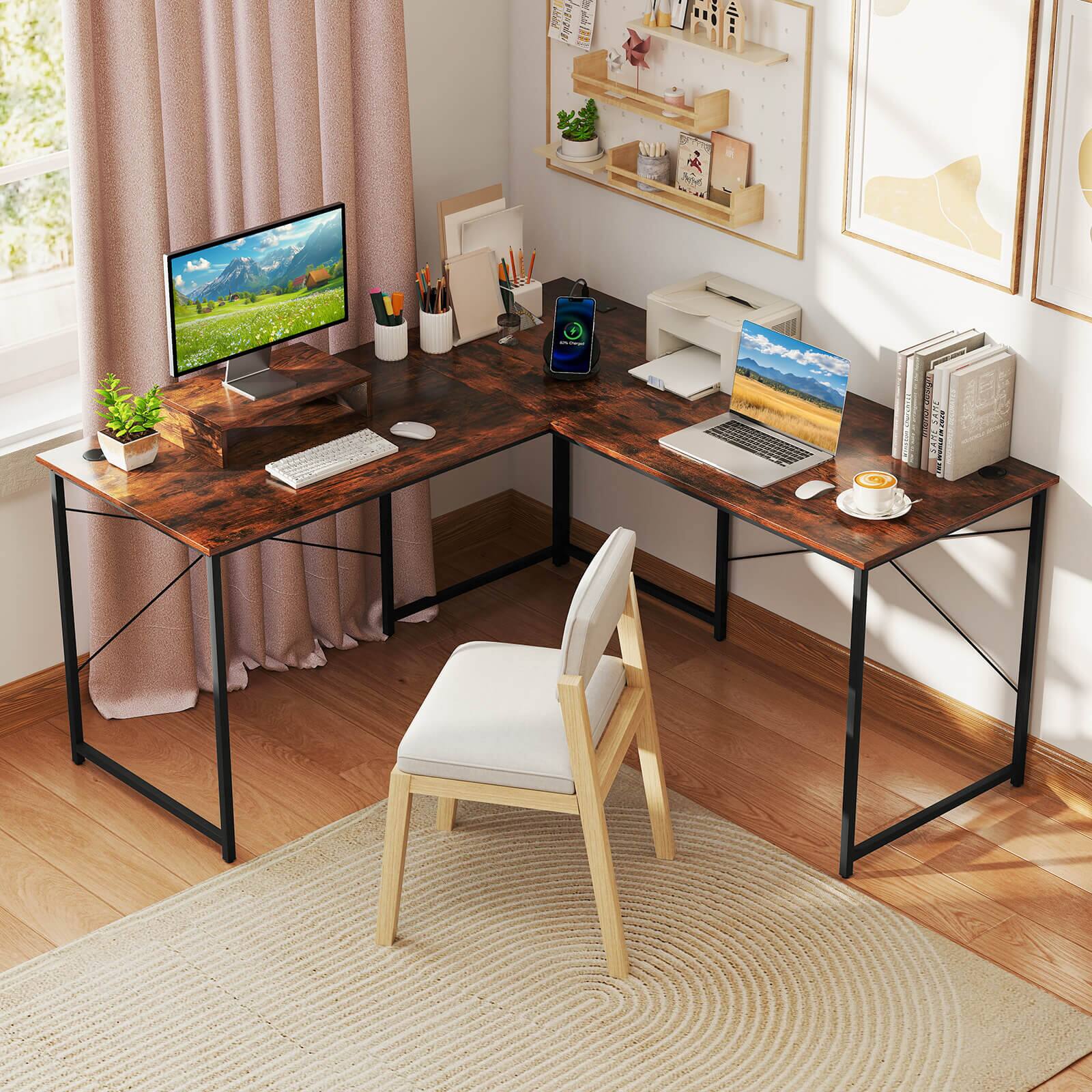 Alt View 4. Costway - Costway L-Shaped Reversible Computer Desk 2-Person Long Table w/Monitor Stand - Rustic Brown.