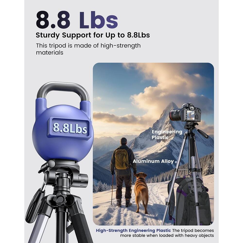 8.8 Lbs  
Sturdy Support for Up to 8.8Lbs  

This tripod is made of high-strength materials  

8.8Lbs  

Engineering Plastic  
Aluminum Alloy  

High-Strength Engineering Plastic  
The tripod becomes more stable when loaded with heavy objects