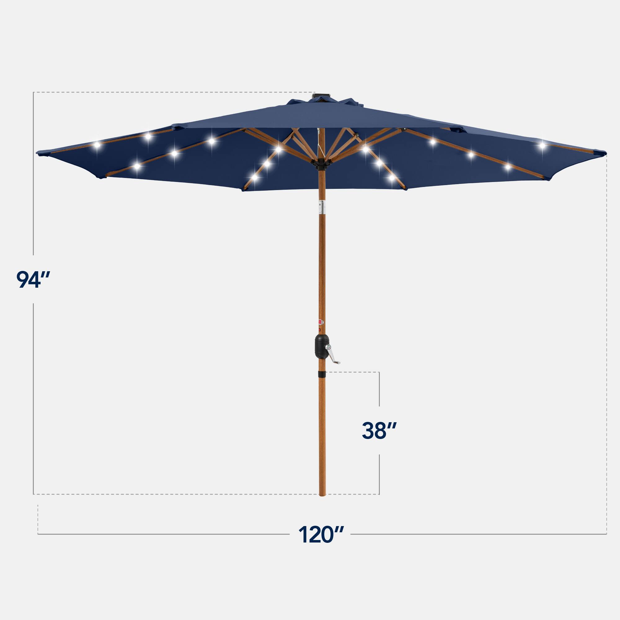 The dimensions of the umbrella are:

- Diameter: 94 inches
- Height: 38 inches
- Total height including the base: 120 inches