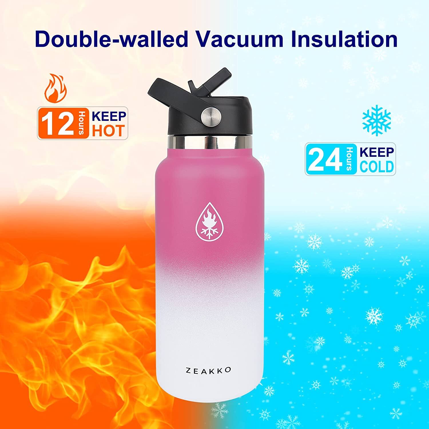 Double-walled Vacuum Insulation

KEEP 12 Hours HOT

KEEP 24 Hours COLD

ZEAKKO