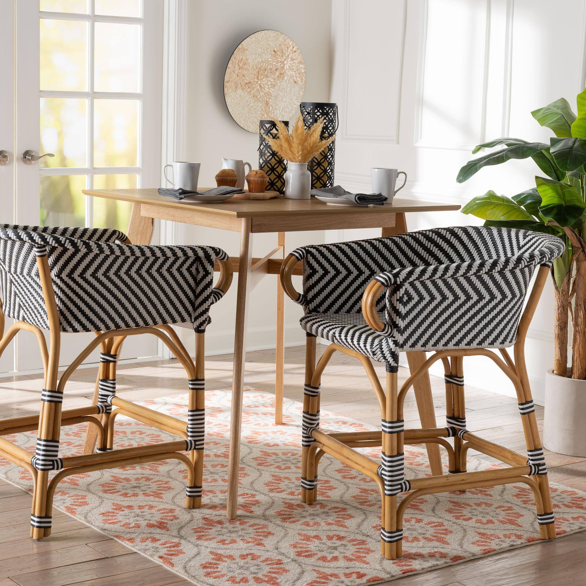 Alt View 4. bali & pari - Max Rattan Bistro Counter Stool - Handwoven Cafe-Style Accent Seating For Kitchen Island or Indoor/Outdoor Lounge - Natural Brown/Black/White.