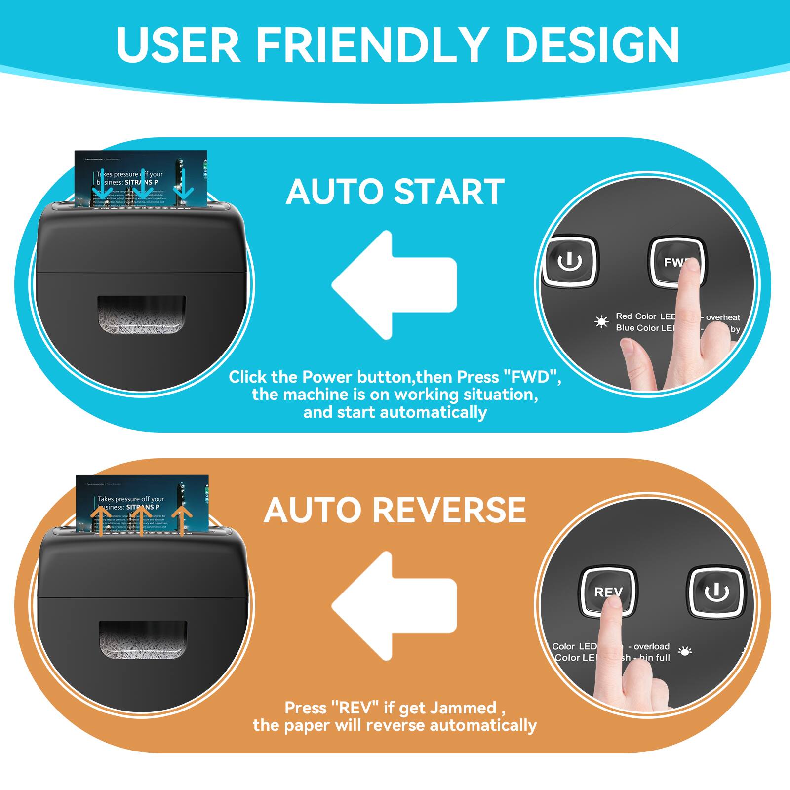 USER FRIENDLY DESIGN

AUTO START
Click the Power button, then Press "FWD", the machine is on working situation, and start automatically
Takes pressure of your paper

AUTO REVERSE
Press "REV" if get Jammed, the paper will reverse automatically