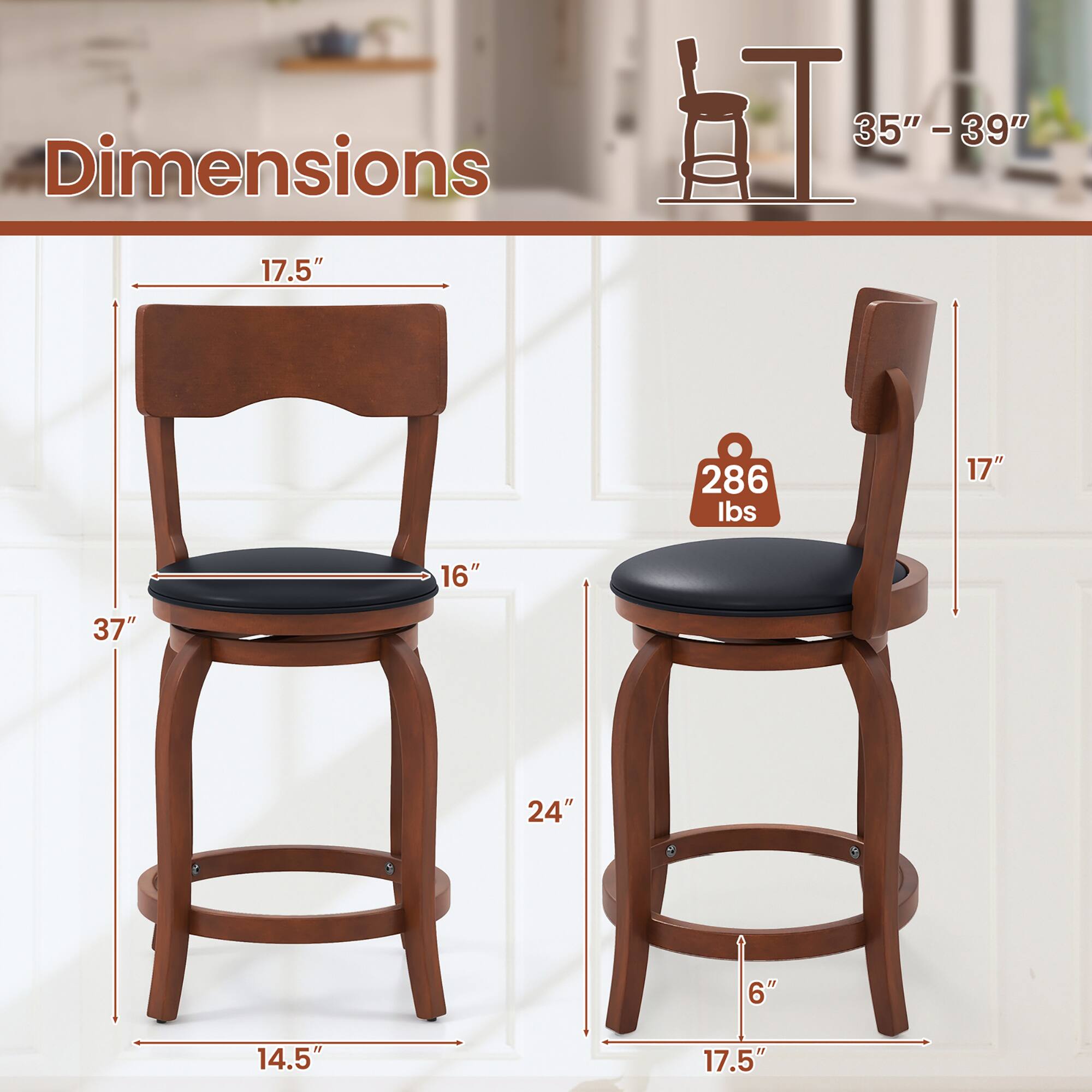 Dimensions: 35" - 39", 17.5", 286 lbs, 17", 16", 37", 24", 6", 14.5", 17.5"