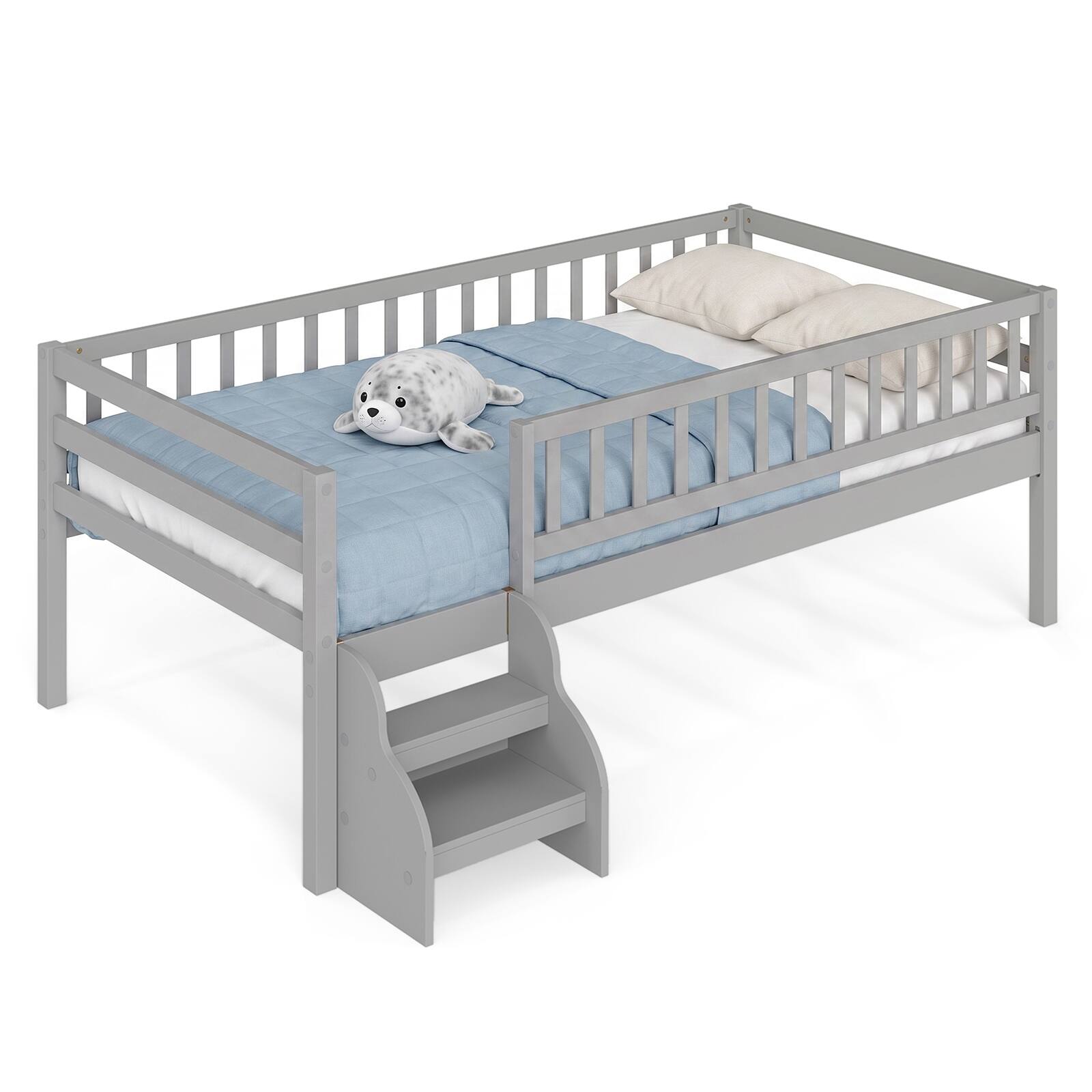Alt View 1. Costway - Costway Twin Size Montessori Bed with Stairs Guardrails Wooden Slat Support Under Bed Space - Gray.