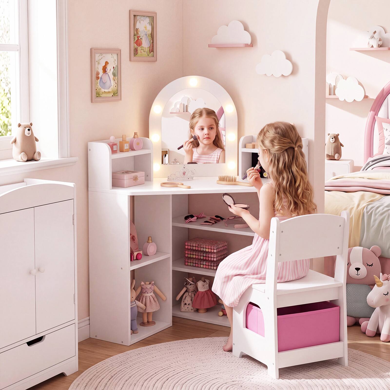 Alt View 3. Costway - Costway Corner Kids Vanity with Lights, 3 Storage Shelves, 5 Open Compartments, Accessories - White.