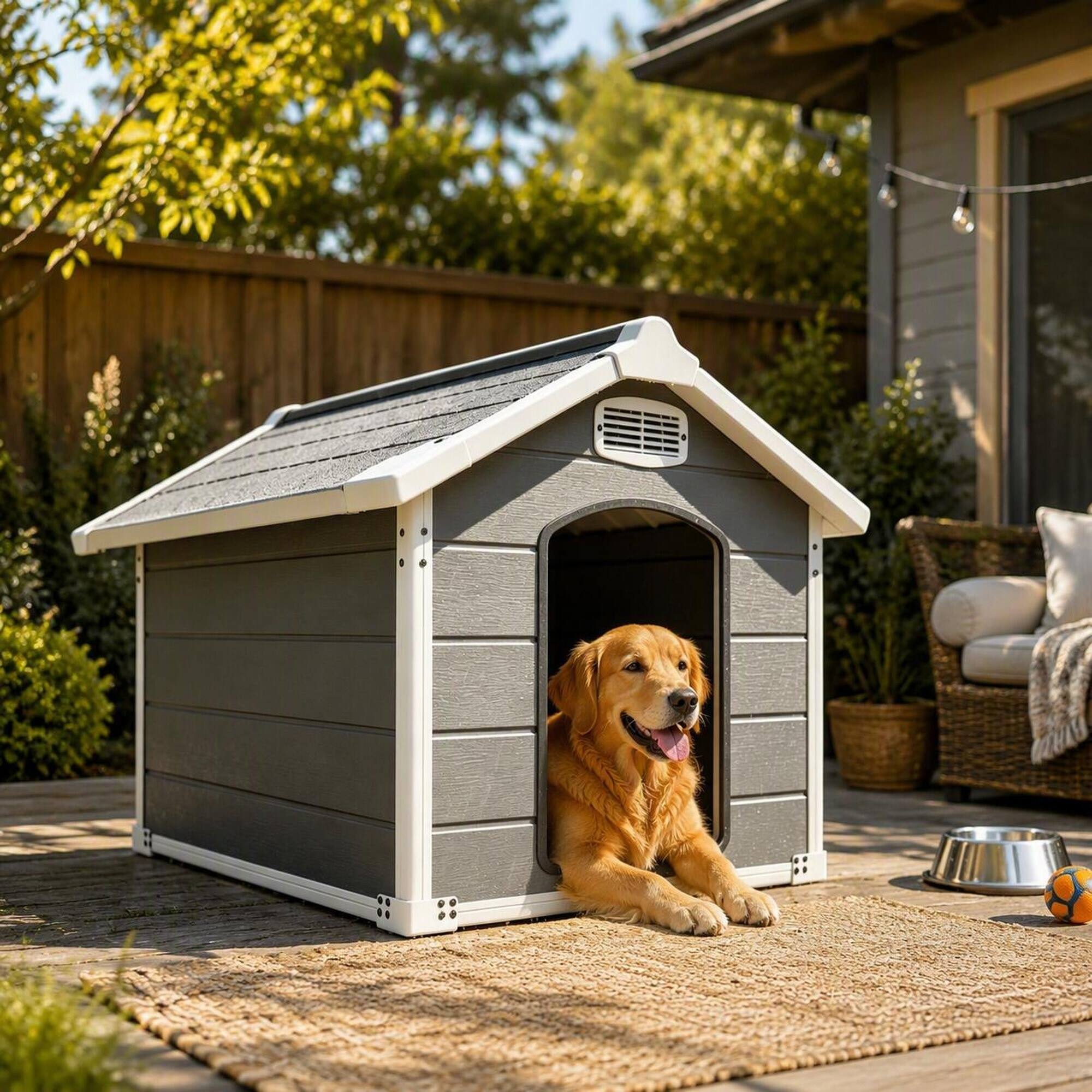 Left. RYHNUYNE - Large Dog House for Big Breeds, 50.5" Waterproof Outdoor Shelter, Double-Wall PP, UV Protected.